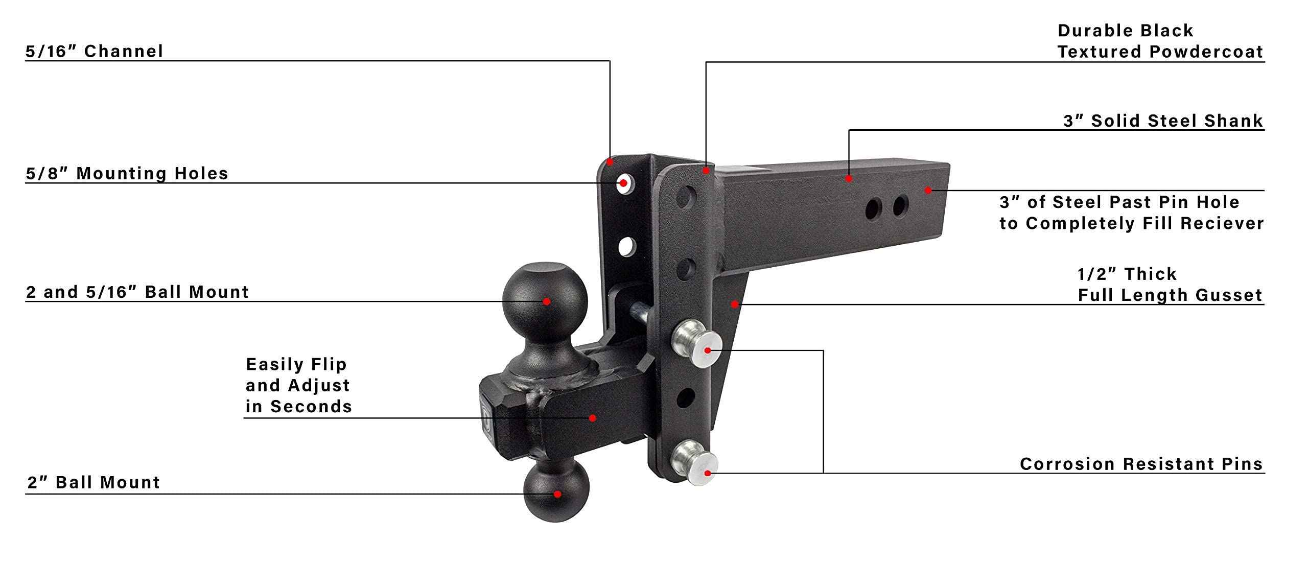 Bulletproof Hitches 3.0'' Adjustable Heavy Duty Trailer Hitch (22,000Lb Rating) - 4'' Drop/Rise Trailer Hitch With 2'' & 2-5/16'