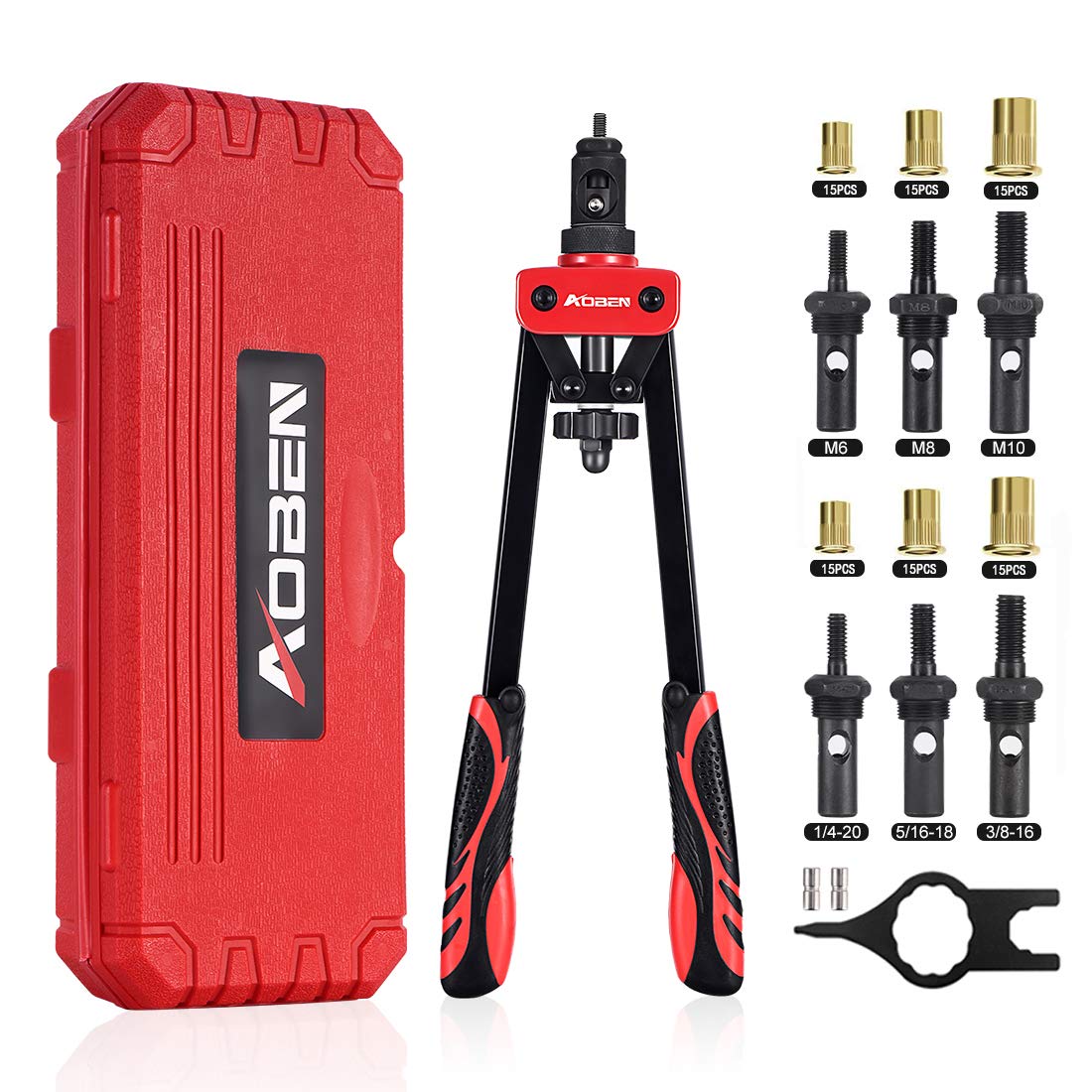 Aoben 14" Rivet Nut Tool, Professional Hand Rivet Nut Setter Kit Labor-Saving And Compact Design Including 6 Interchangeable Mandrels 90Pcs Rivnuts And 2 Mandrel Lock Pins