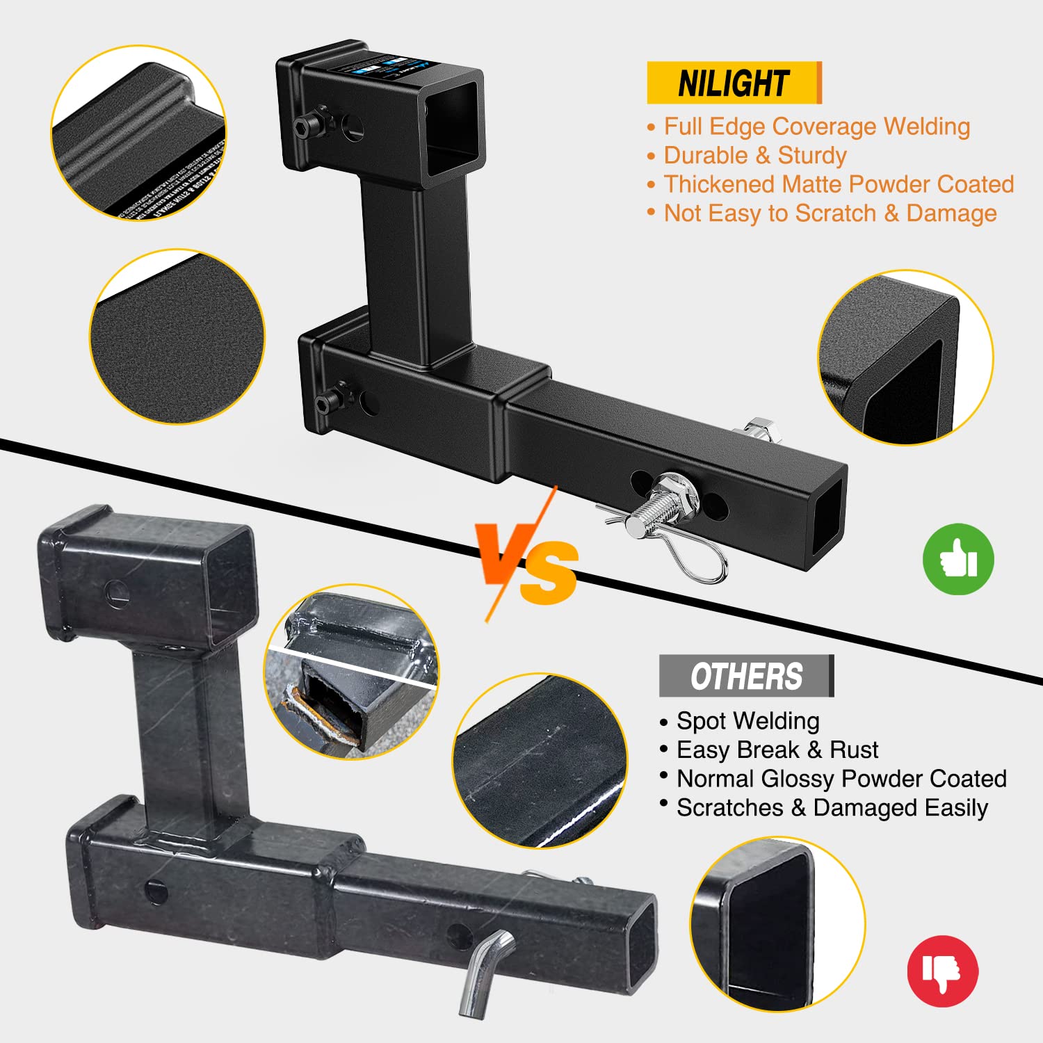 Nilight Dual Hitch Extender To 10 Inch Max Extension Length With Hitch Tightener Anti Rattle For 2 Inch Receiver With 5/8 Inch B