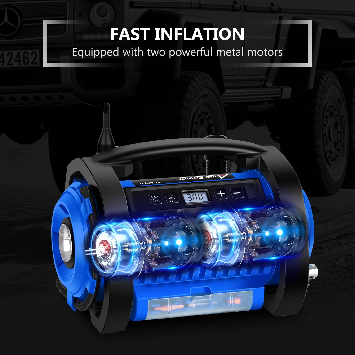 AVID POWER Portable Tire Inflator Air Compressor, 12V DC/120V AC, Dual Motors, Digital Gauge, Model ACAP322B, Blue