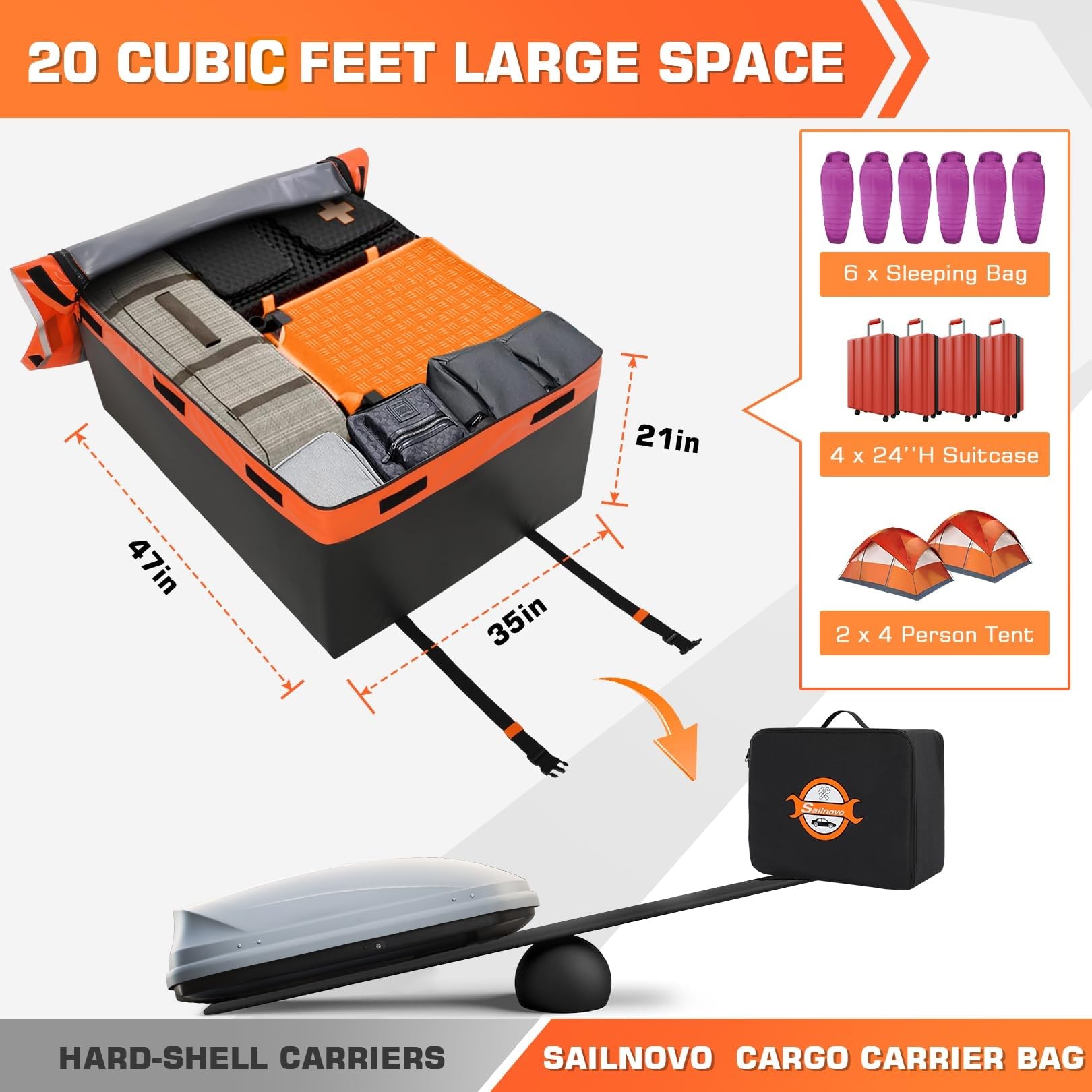 Sailnovo Rooftop Cargo Carrier 20 Cubic Feet, Waterproof PVC Soft-Shell Bag, Black and Orange, Model SL-6523676, Includes 6 Door Hooks