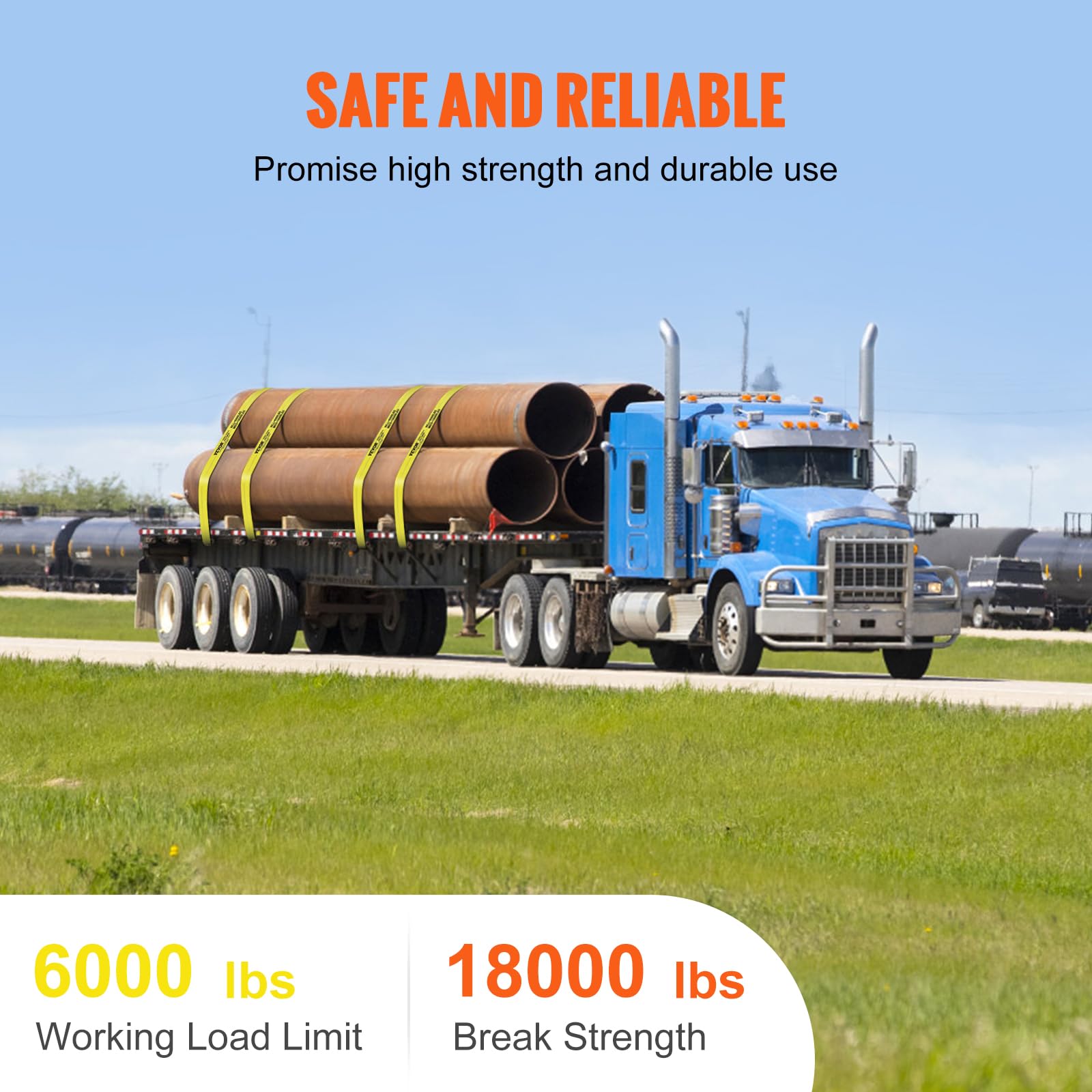 VEVOR Truck Straps, 4 x 30' Heavy Duty Tie Down w/Flat Hooks 18,000lbs Break Strength, WLL# 6000lbs, Cargo Straps tie Down for