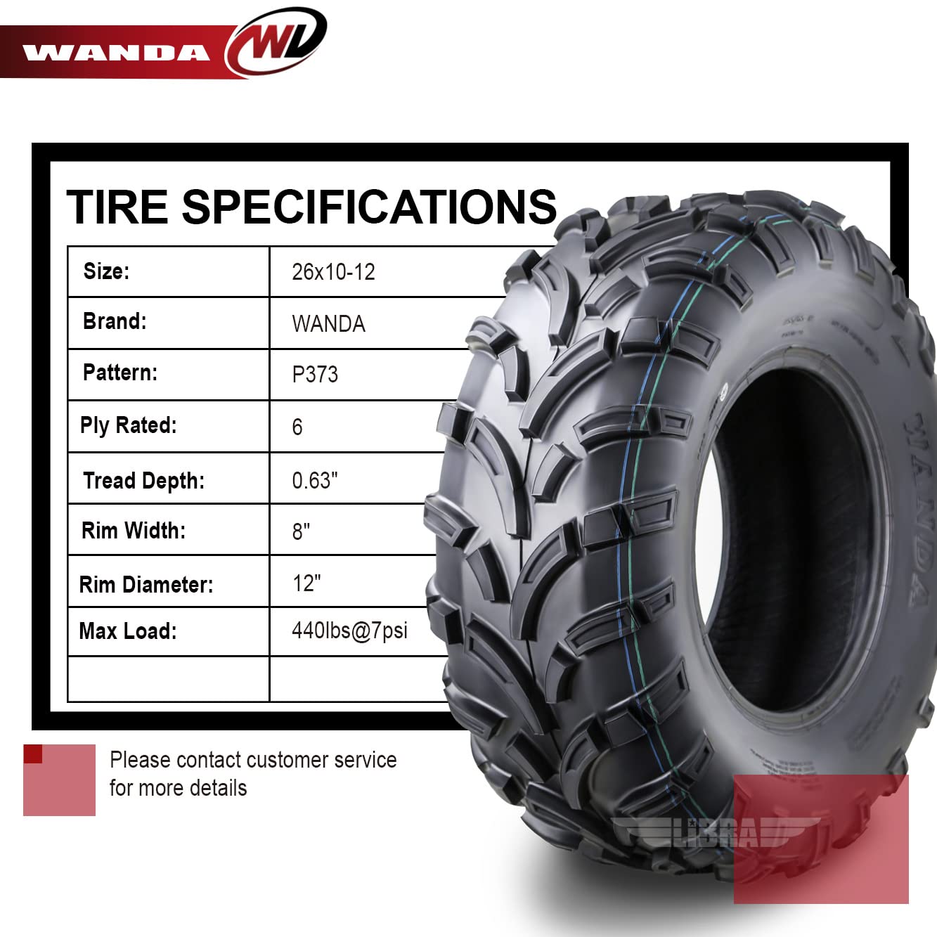 WANDA Set of 2 ATV/UTV Tires 26x10-12 /6PR P373-10258...