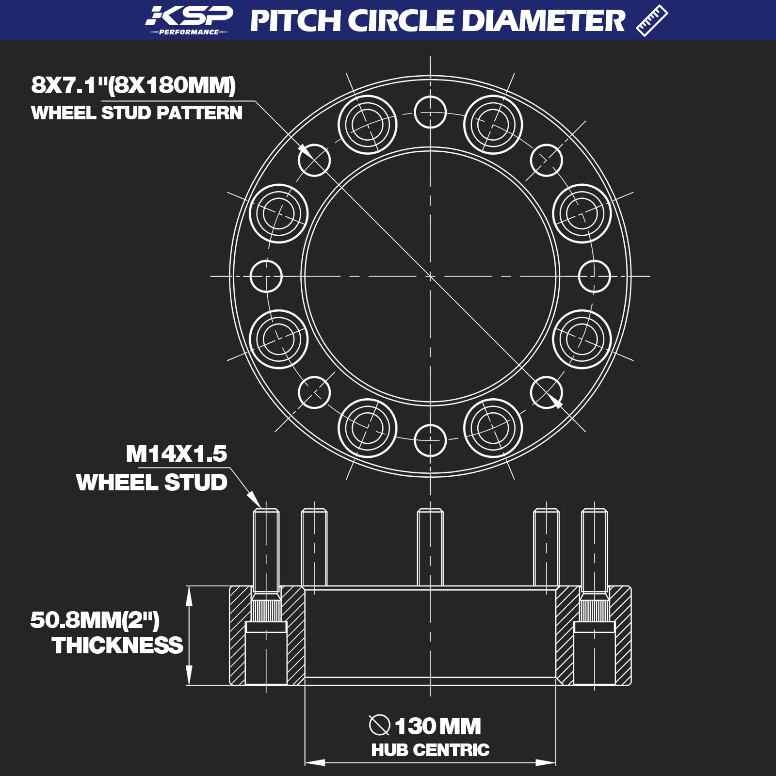 KSP PERFORMANCE 2" 8x180 Wheel Spacers for Chevy Silverado/GMC Sierra, Forged Lug Centric, Black, Model 6082KT, 130mm Hub Bore