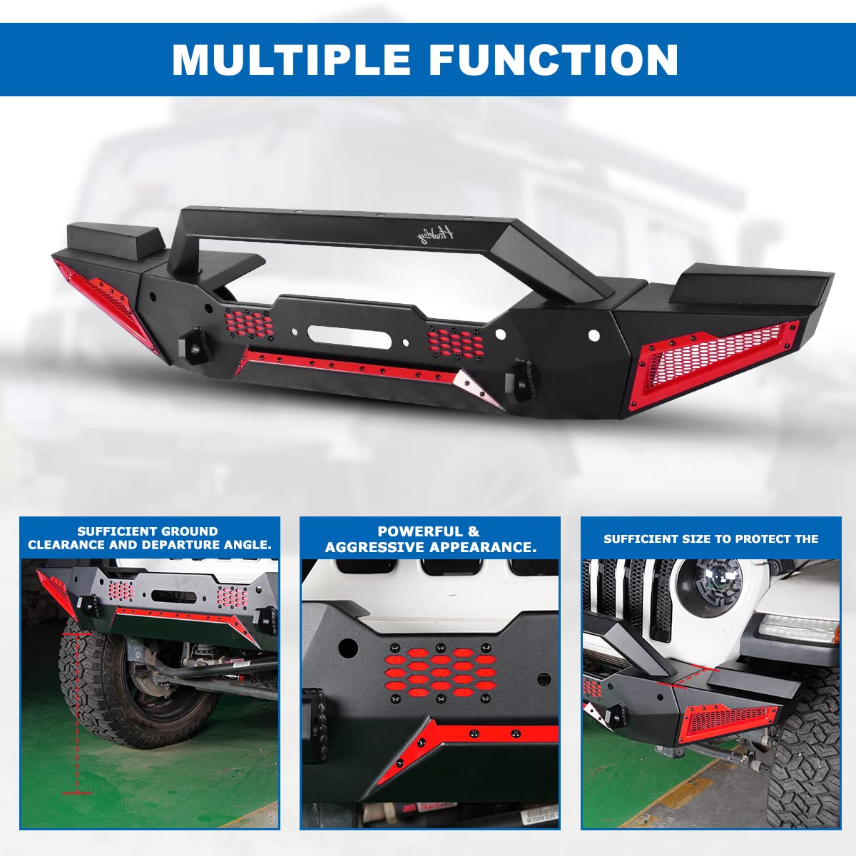 Hawkley Front Bumper For Jeep 2018-2023 Wrangler Jl & Unlimited Jlu Gladiator Jt, 2007-2018 Wrangler Jk Jku, Rock Crawler Full Width Bumper With Winch Plate Mounting & 2 X D-Rings & Paintable Armor