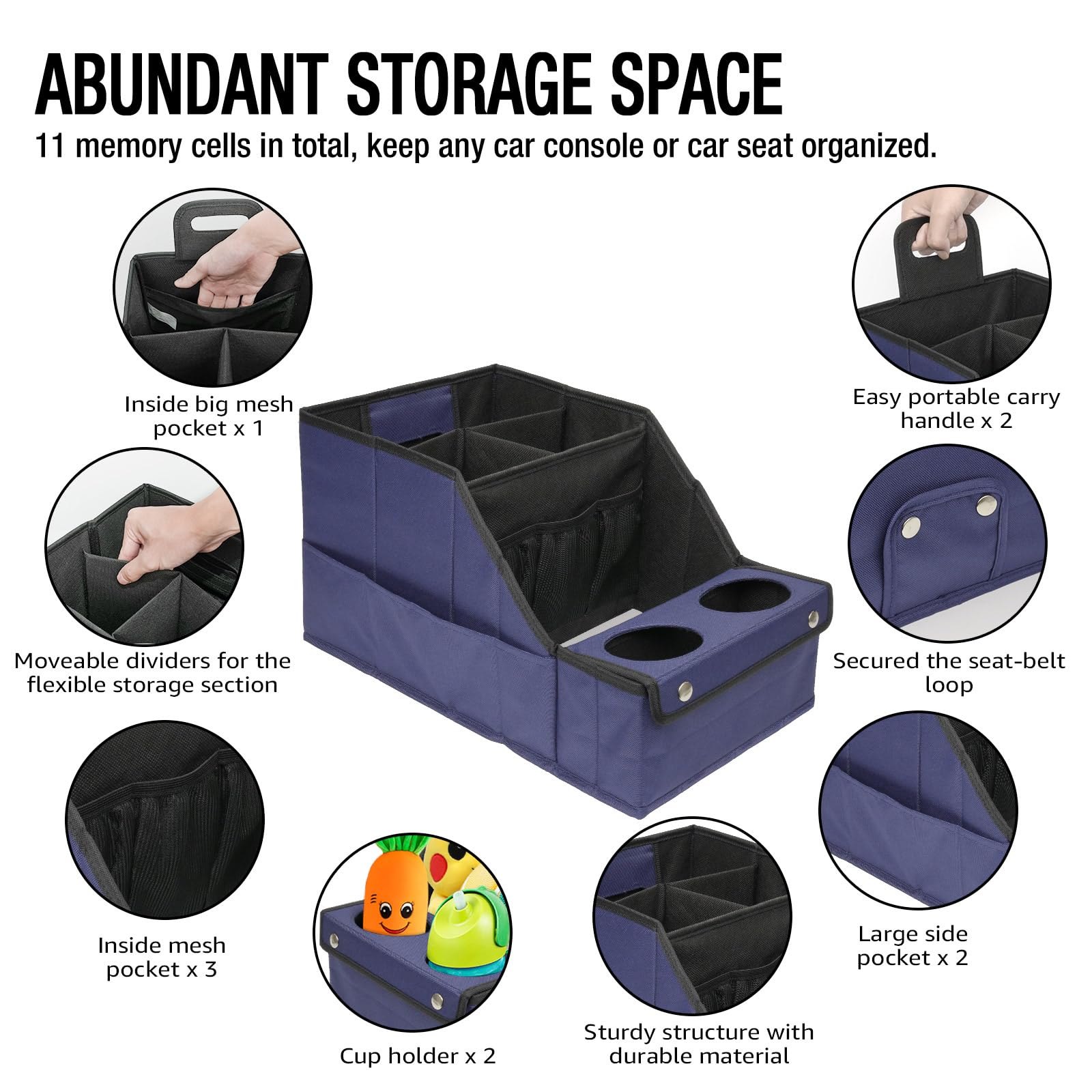 MULISOFT Car Seat Organizer - L-Shape, Polyester, Blue, 11 Storage Compartments & 2 Cup Holders, Model YXTO0001