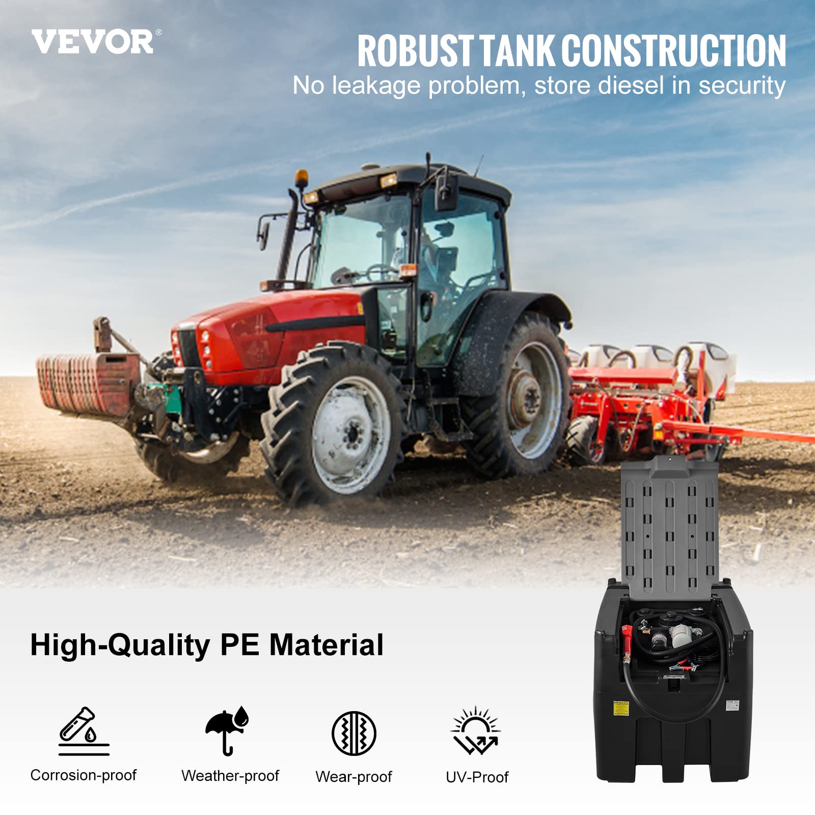 VEVOR Portable Diesel Fuel Tank, 116 Gallon Capacity, 10 GPM Flow Rate, Black, with 12V Pump & Rubber Hose
