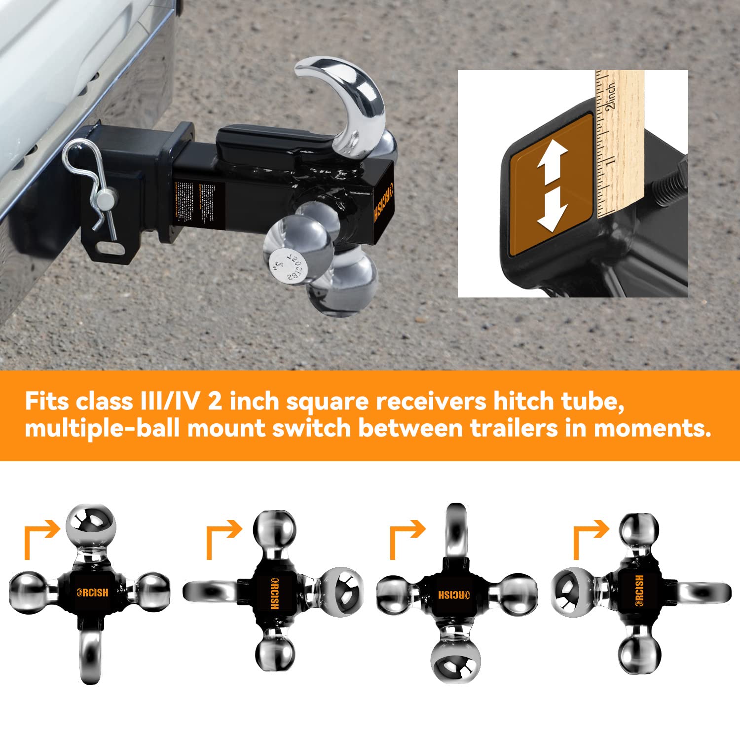 ORCISH Trailer Hitch Tri-Ball Mount - 1-7/8", 2", 2-5/16" - Alloy Steel, 2 Inch Hitch Receiver, Classic, Model AY