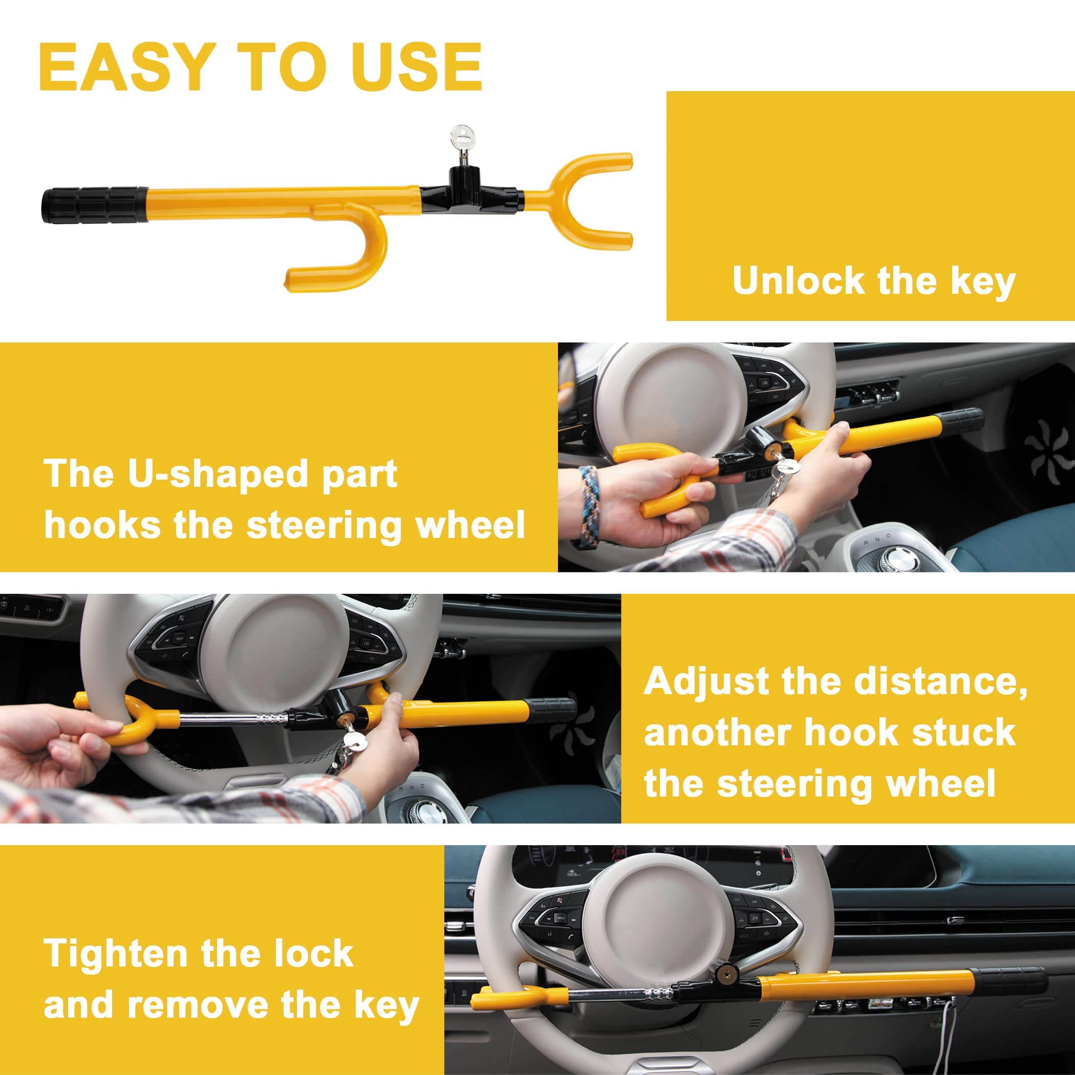 CARTMAN Vehicle Steering Wheel Lock - Adjustable Anti-Theft Security Lock for Cars, Trucks, Vans & SUVs, Yellow, Rubber Material