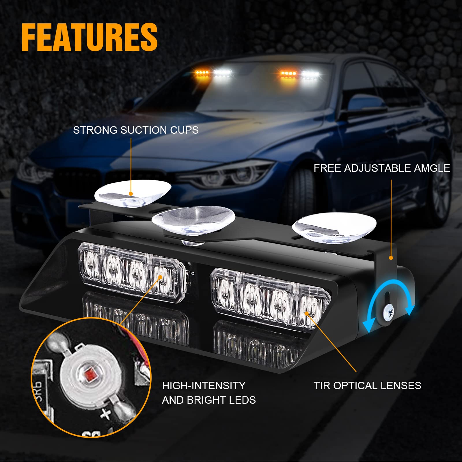 XRIDONSEN 2 in 1 Emergency Dash Strobe Lights - Amber/White, 16 LED, 2×7.16 inch, Suction Cup Mount for Trucks and Construction Vehicles