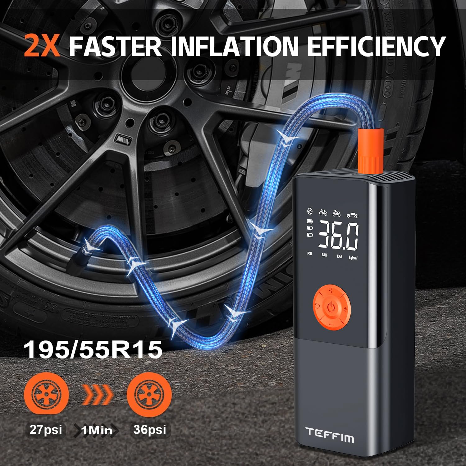 Teffim Tire Inflator Portable Air Compressor With Digital Pressure Gauge, 12V Smart Air Pump For Car Tires, Motorcycle, Suv, Ele
