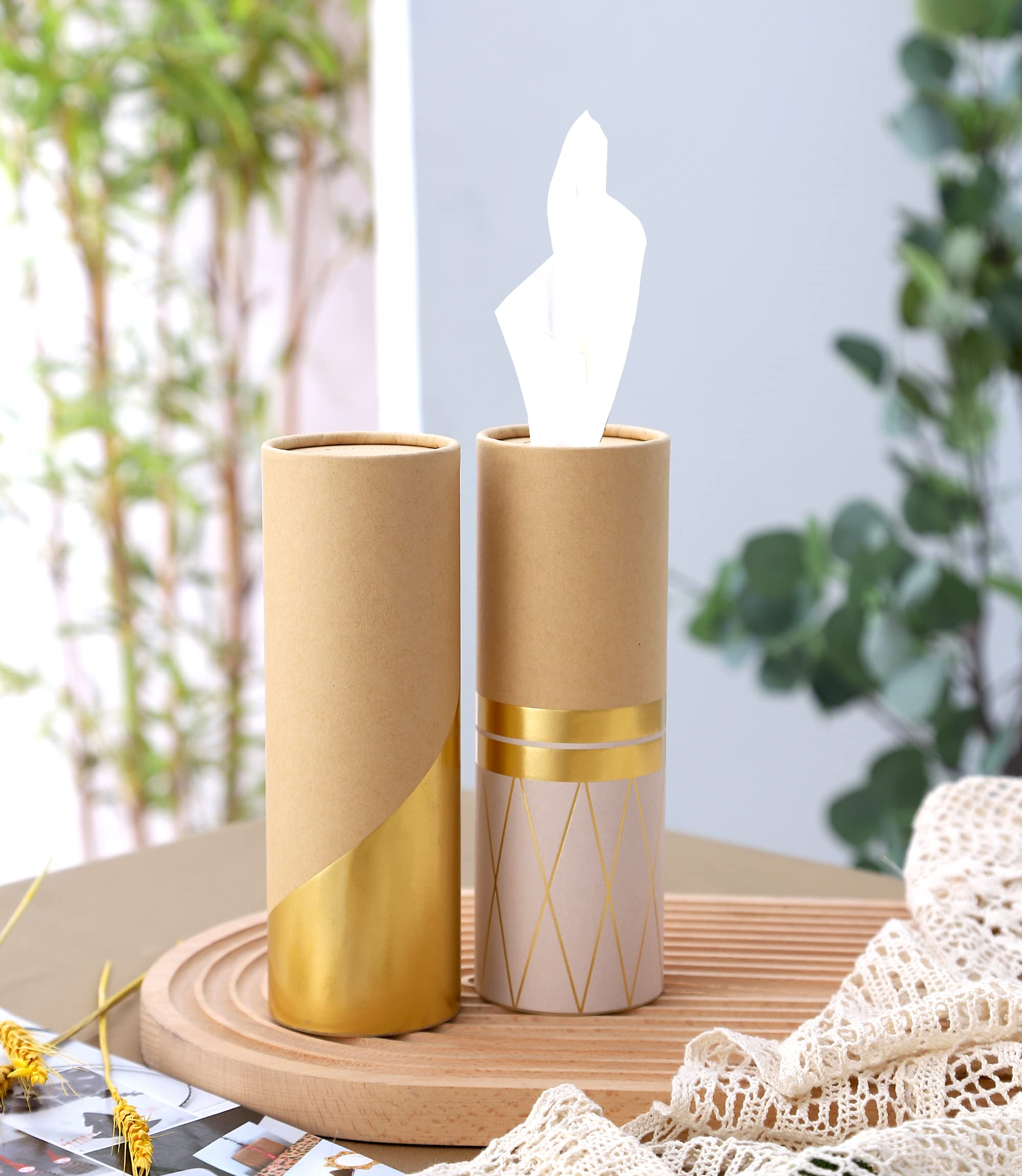 Car Tissue Holder With 3-Ply Facial Tissues Bulk - 4 Pk Gold Foil Cylinder, For Car, Travel Cup Holder, Refill Box Round Contain