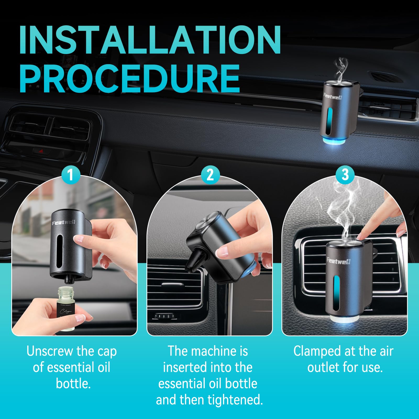 Featwell Car Air Freshener, Air Freshener Diffuser Three Adjustable Modes, Aromatherapy Machine Rechargeable (Grey)