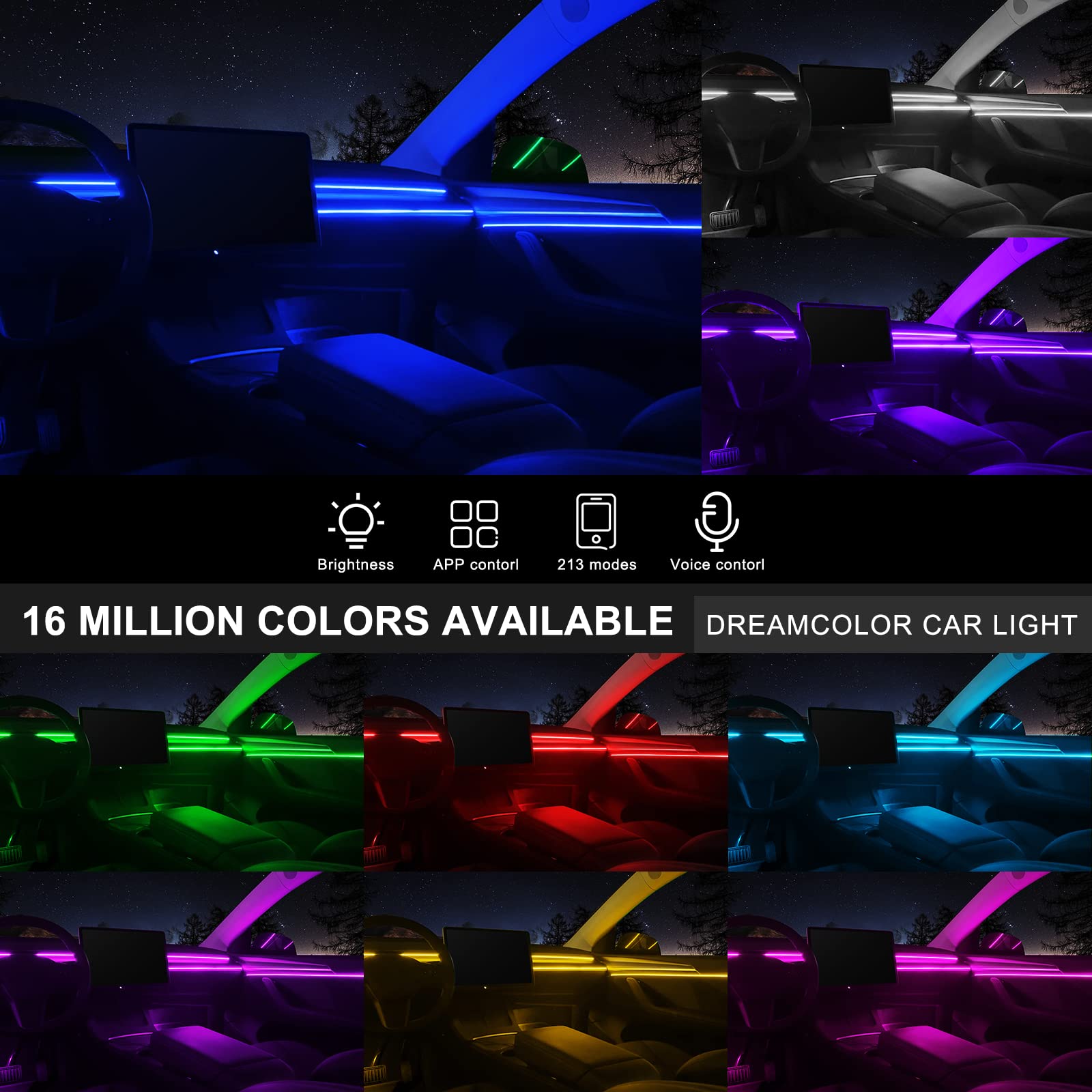 MAODANER Acrylic Car LED Strip Light, RGB 6 in 1, 175 inches, 593 LEDs, Wireless APP, Sound Active Ambient Lighting