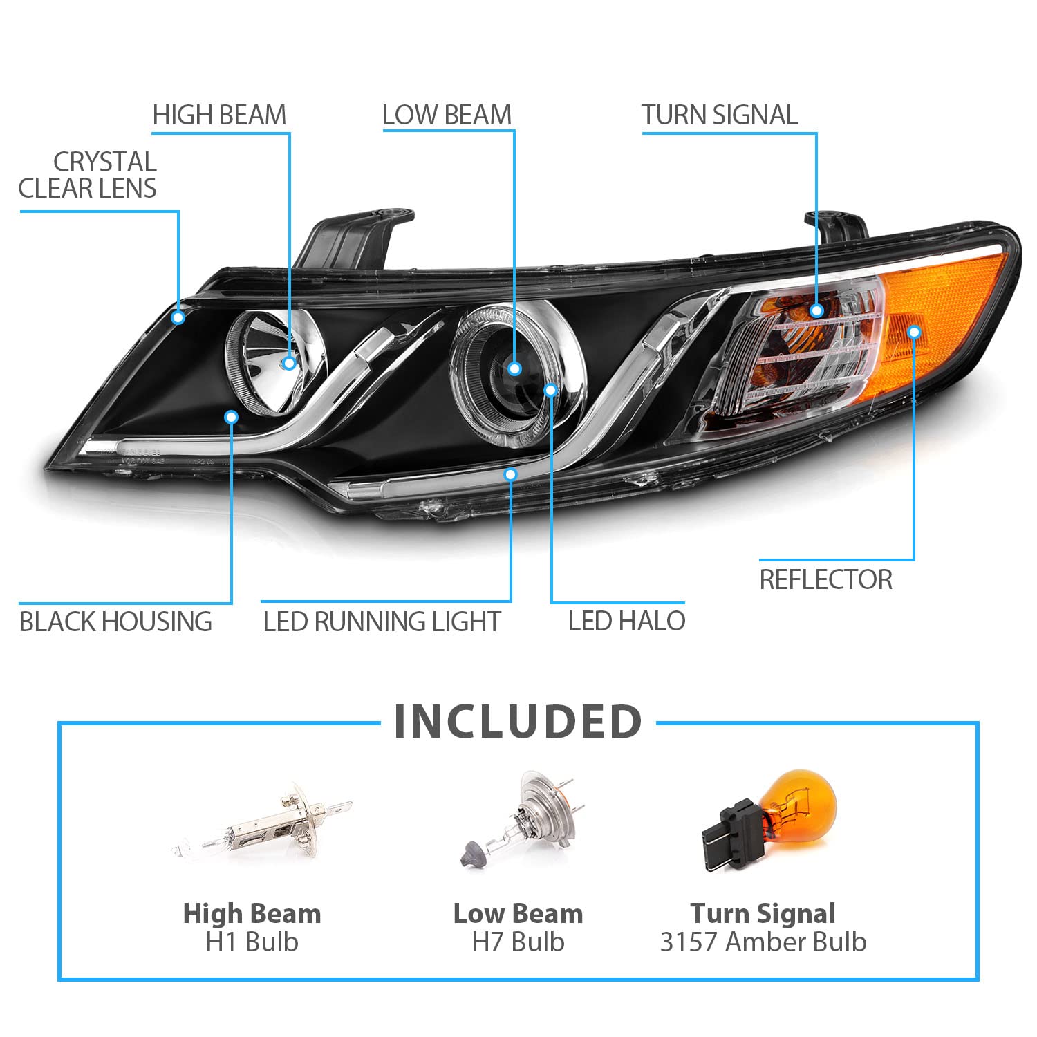 AmeriLite Dual LED Halo Black Projector Headlights for 2010-2013 Forte Koup - Driver & Passenger Side Replacement Pair