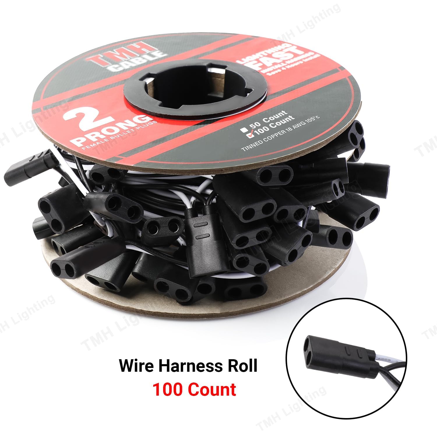 TMH 100 Count 2-Prong Wire Harness Roll - 18 Gauge, Tinned Copper, 6.5" Spacing for LED Lights