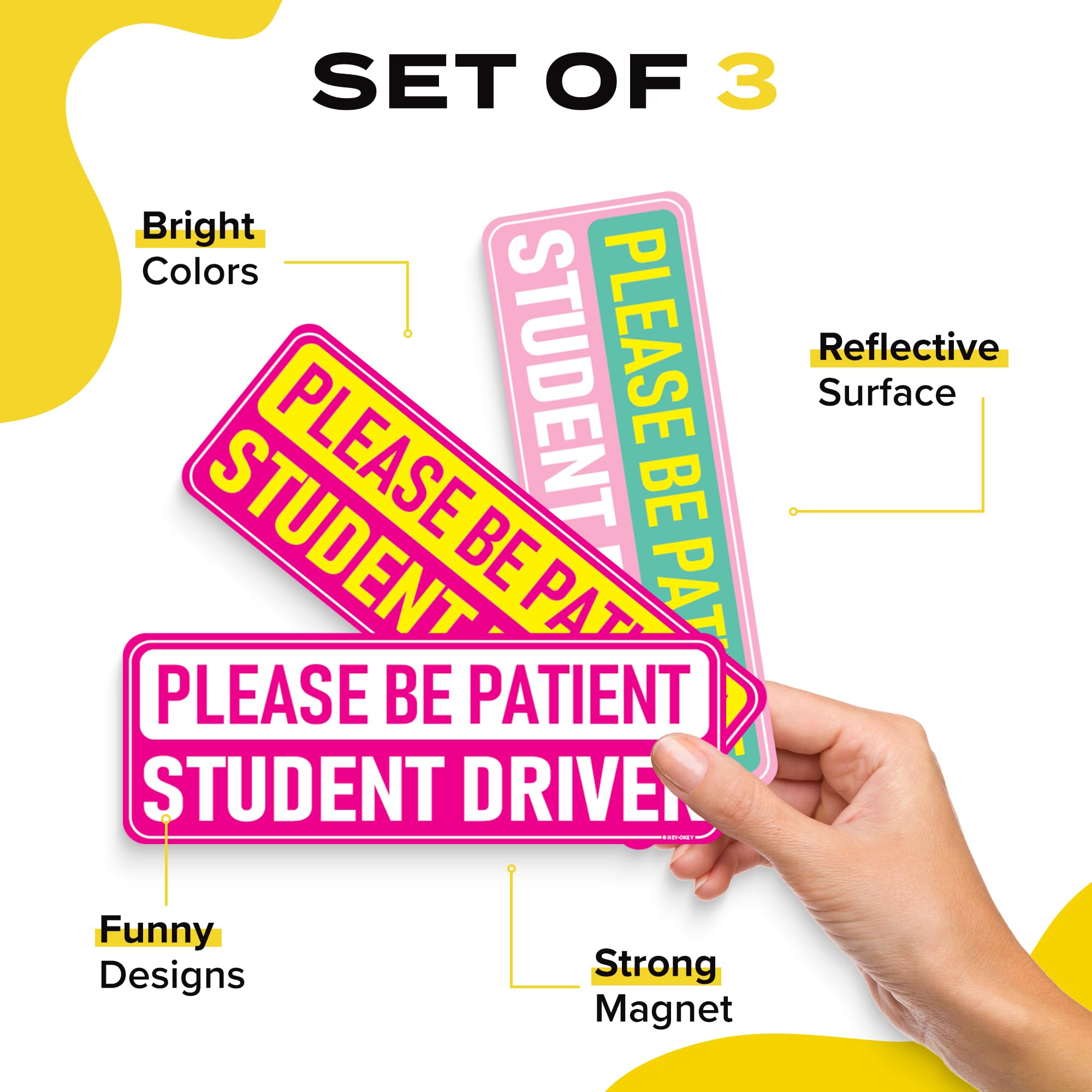HEY-OKEY Student Driver Magnet - Pink 3-Pack Reflective Bumper Stickers, Weather-Resistant, 10 x 3.5 inch, Student Fem #2