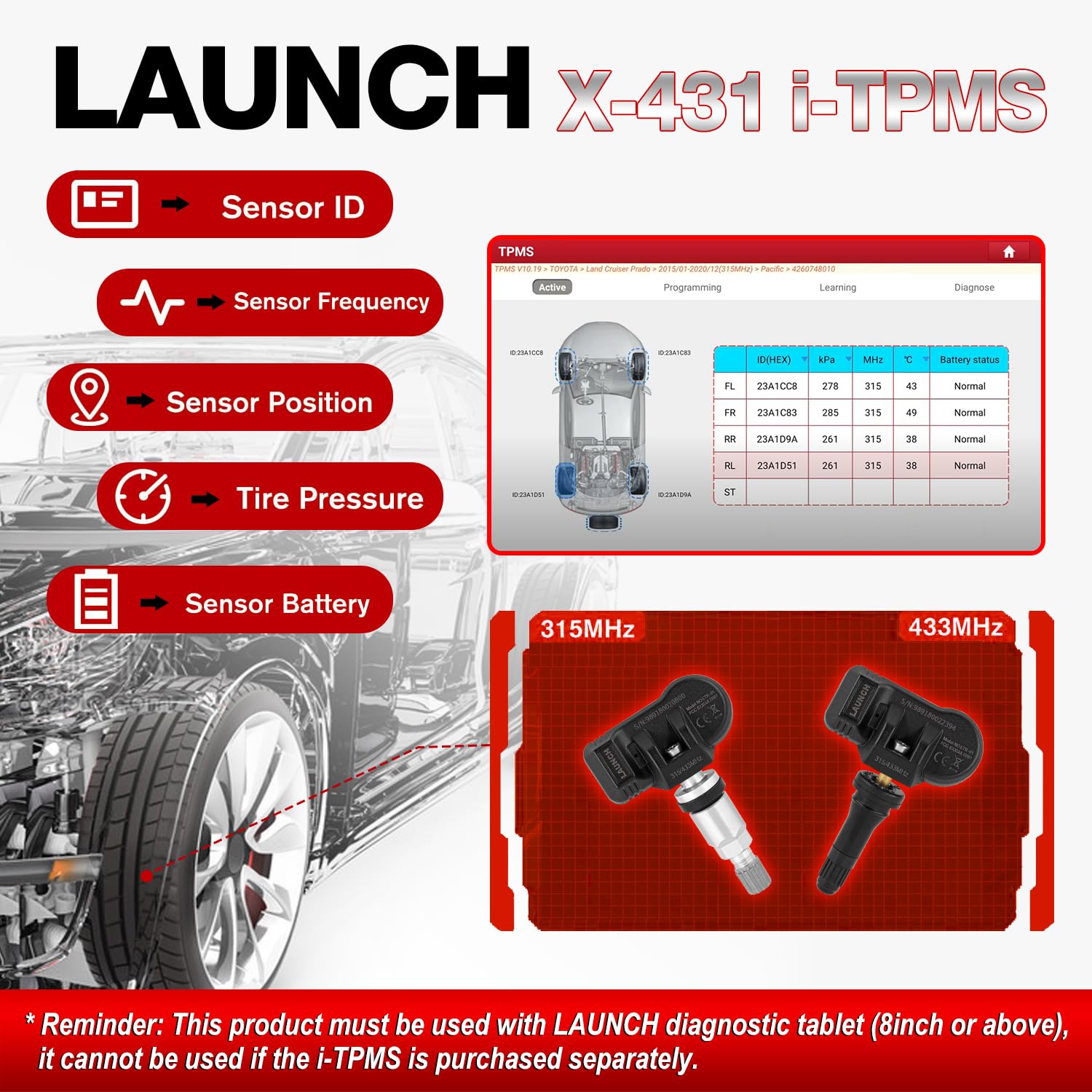 LAUNCH X-431 TSGUN Tire Pressure Detector Tool - Relearn, Reset, Coding for TPMS Sensors, Android Compatible, TSGUN-NEW