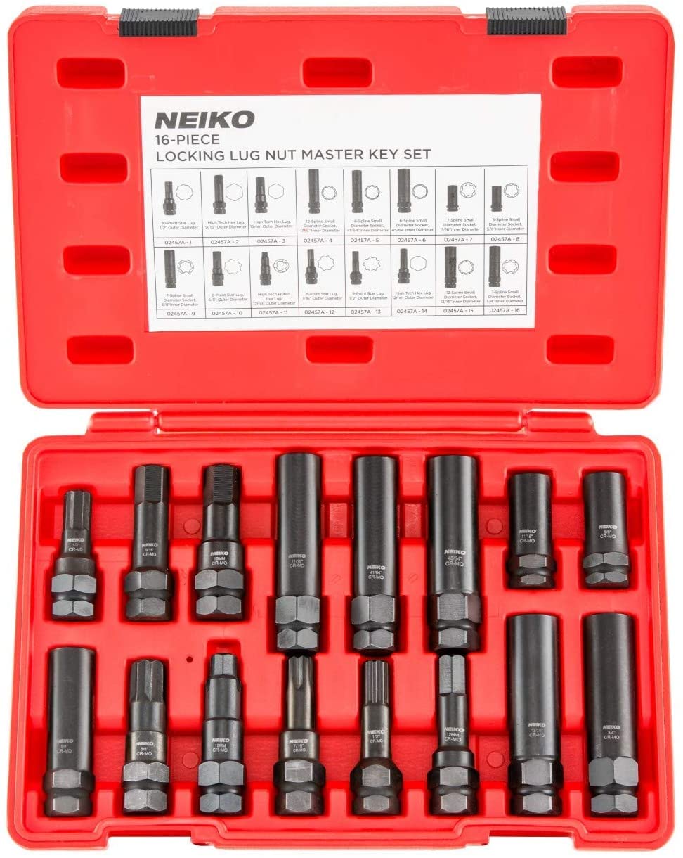 Neiko 02457A LugNut Key Set, WheelLock Removal Tool Kit for Aftermarket and Factory Wheel Tire Keys, SAE and Metric Lug Socket