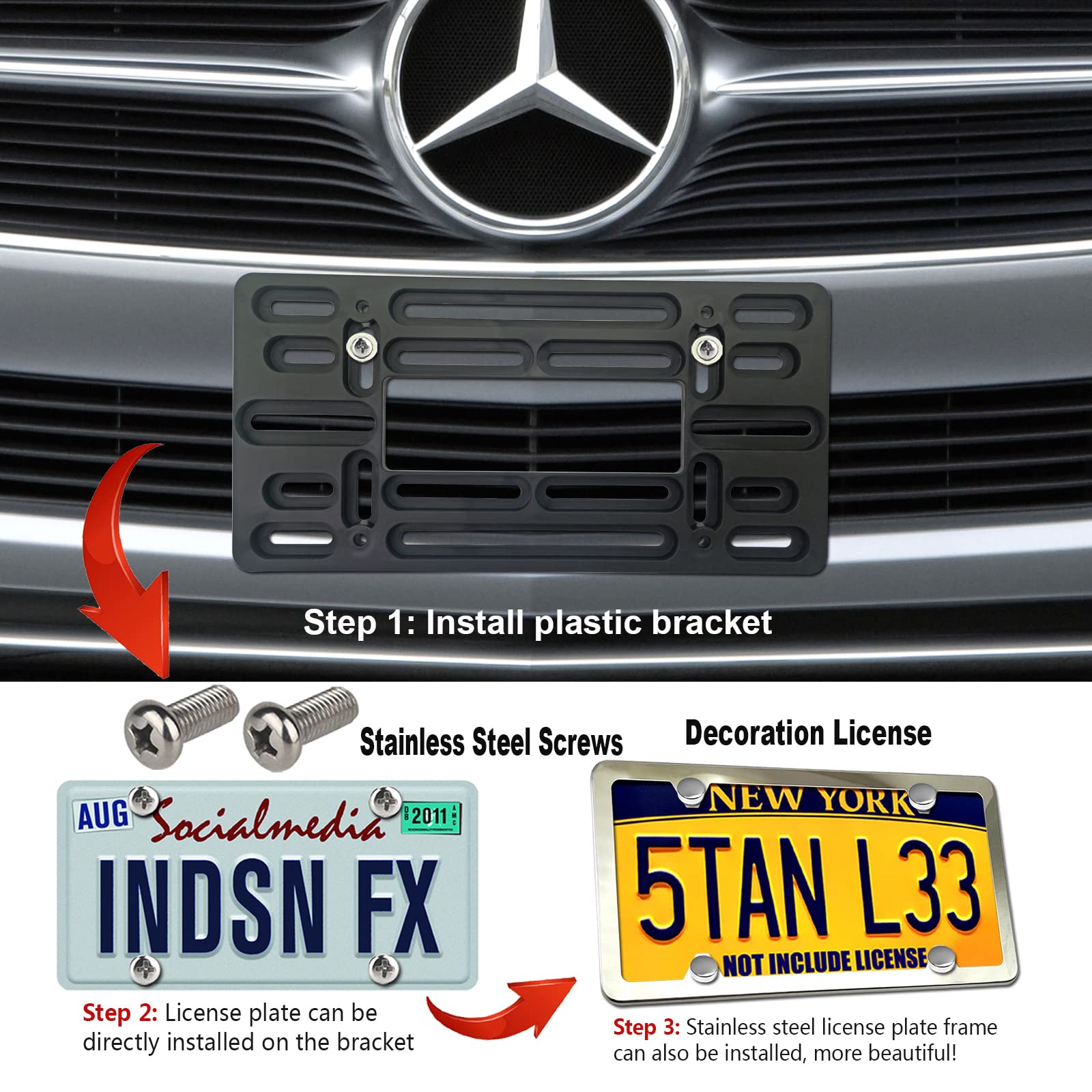 Zxfoog Front License Plate Mounting Kit- Front Bumper License Plate Bracket & Stainless Steel Car Tag Frame, Universal No Drilling Hole Adapter For Car/Truck/Trailer, With Screws Cap, Rattle Proof Pad