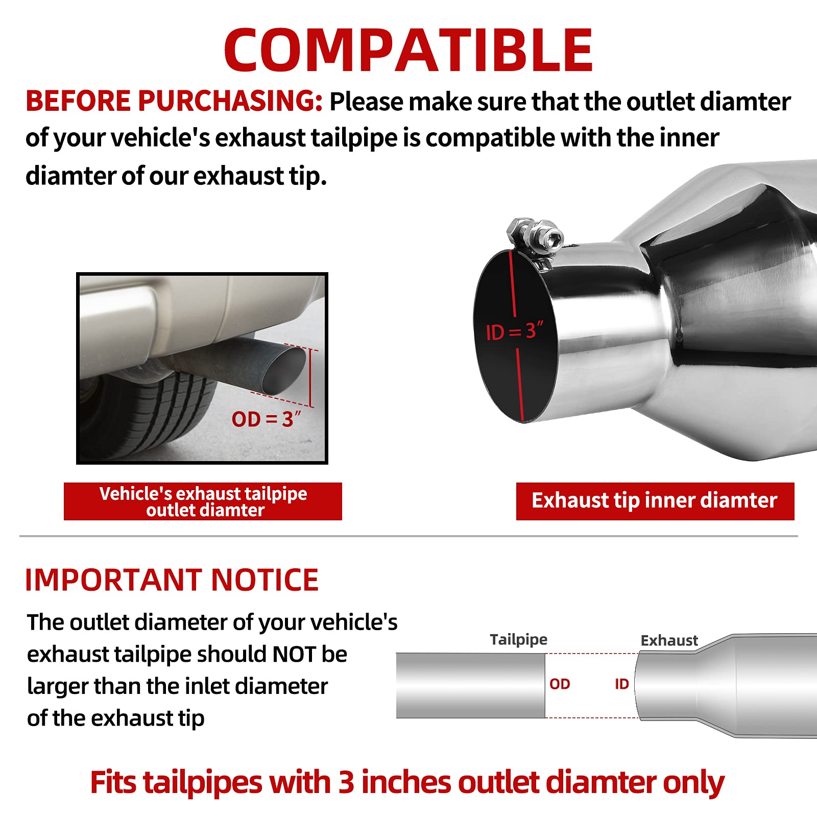 AUTOSAVER88 Exhaust Tip, 3" Inlet 6" Outlet 15" Long, Silver Stainless Steel Tailpipe, Model JBBU5EuiP0