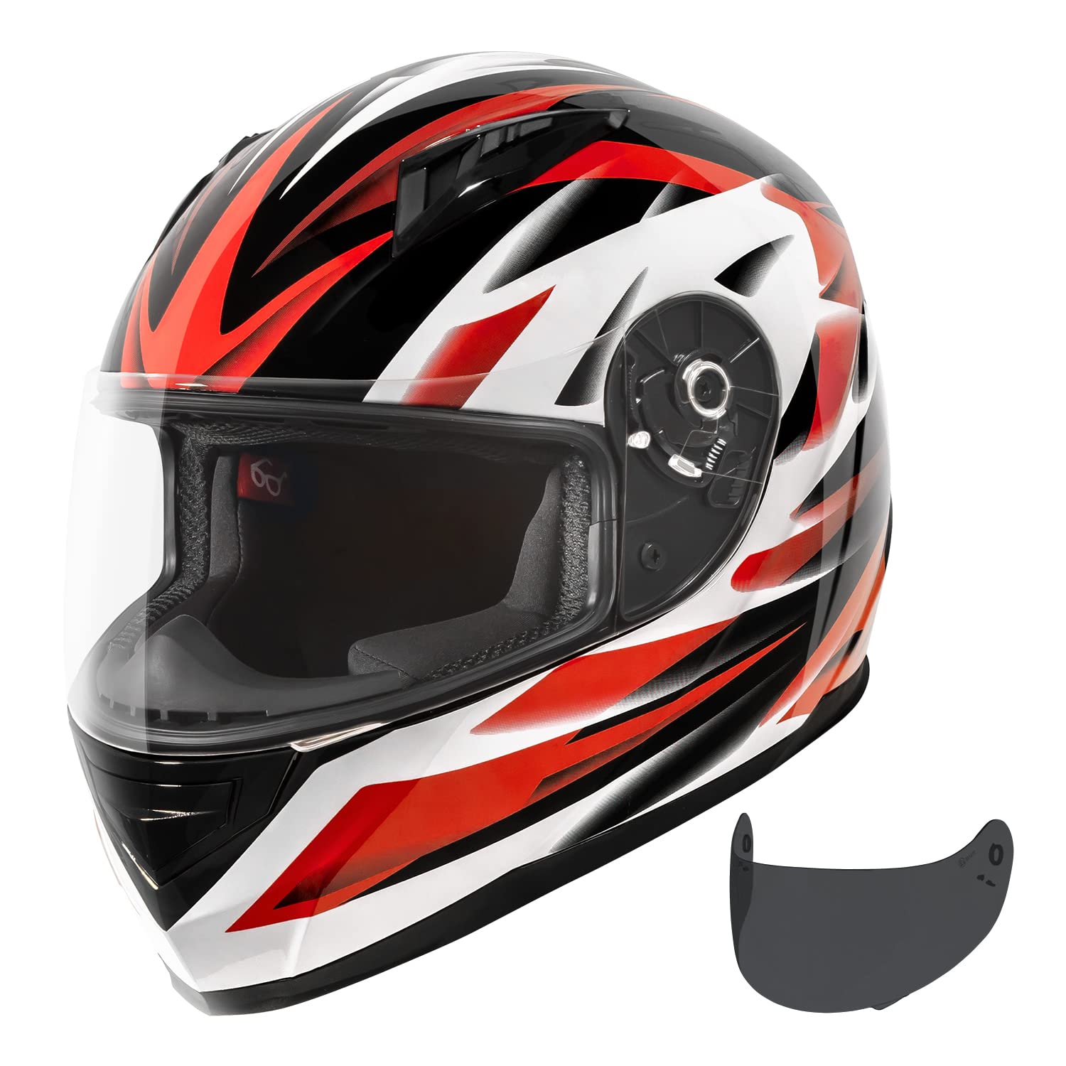 Vcan Vx Lightweight Full Face Motorcycle Street Bike Helmet With Extra Tinted Visor Dot Approved (Gloss Black Stream Red, X-Larg