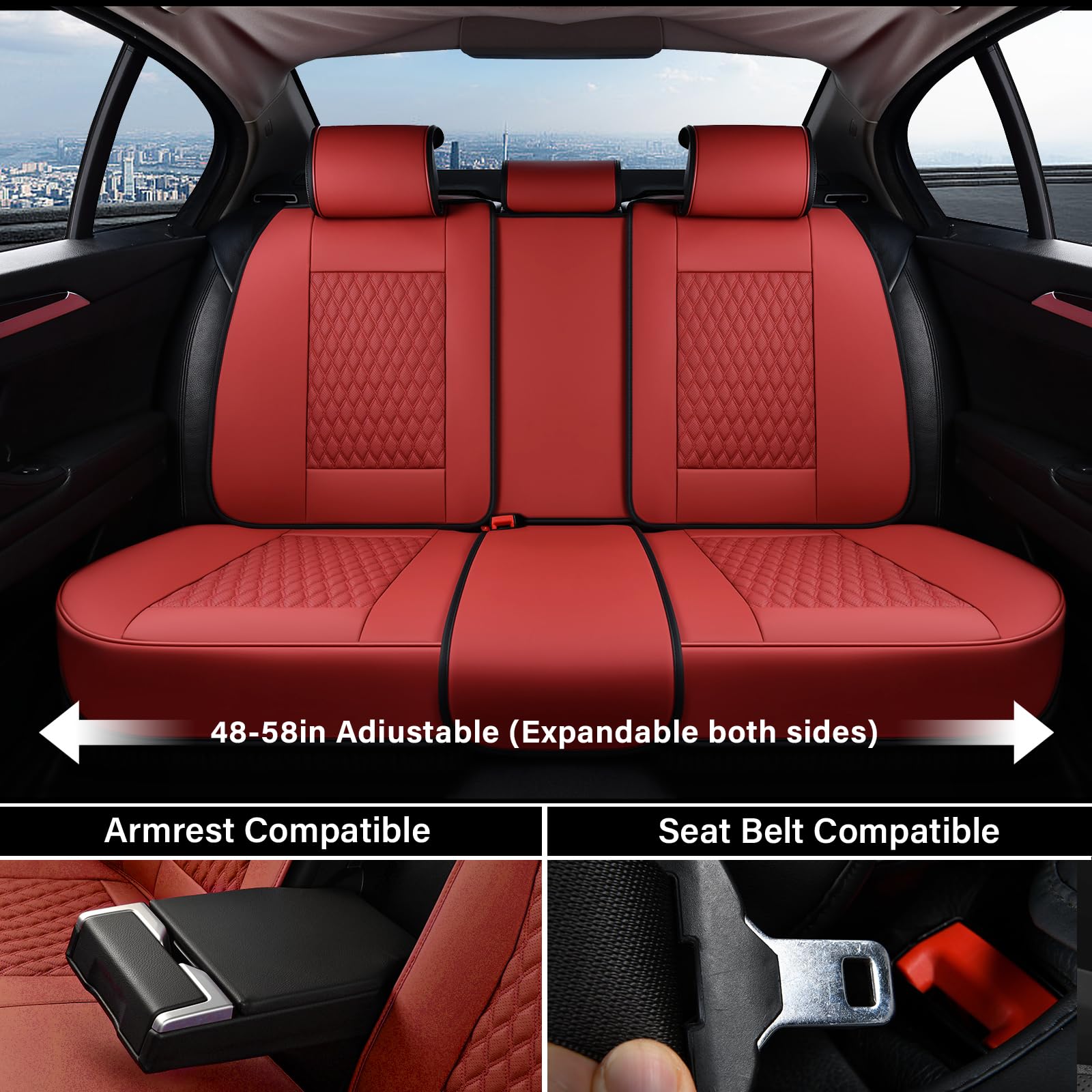Coverado Car Seat Covers Full Set, Red Seat Covers For Car With Lumbar Support, Nappa Leather Seat Covers Waterproof Car Seat Pr