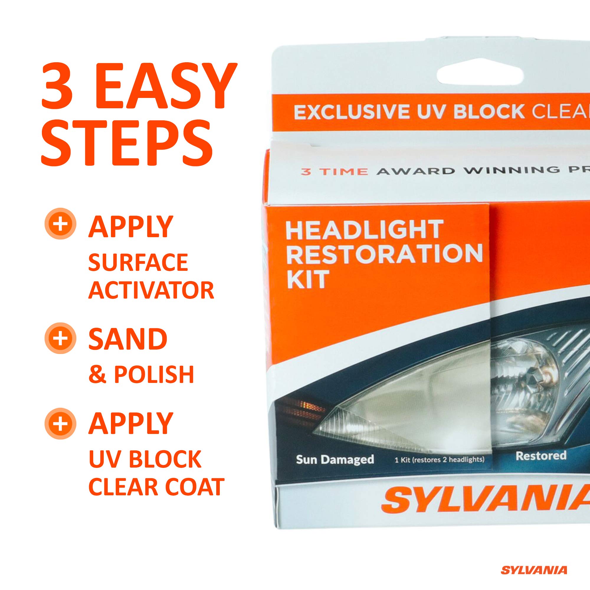 SYLVANIA Headlight Restoration Kit - Restore Sun Damaged Headlights, UV Block Clear Coat, Model HRK.BX