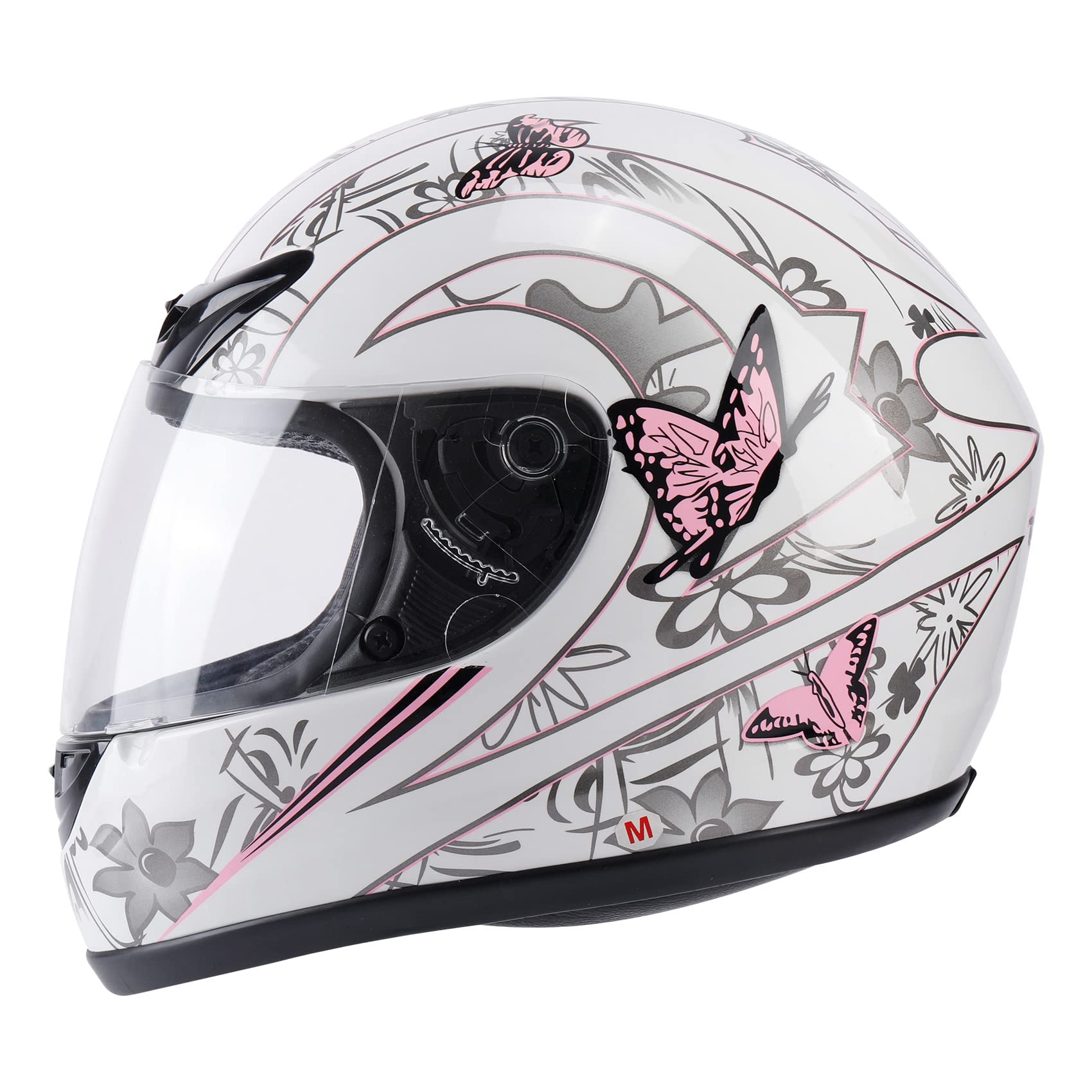 TCMT Full Face ATV Helmet - Medium, White Butterfly, ABS Material, Open Face Sun Shield, Pink White Butterfly Model