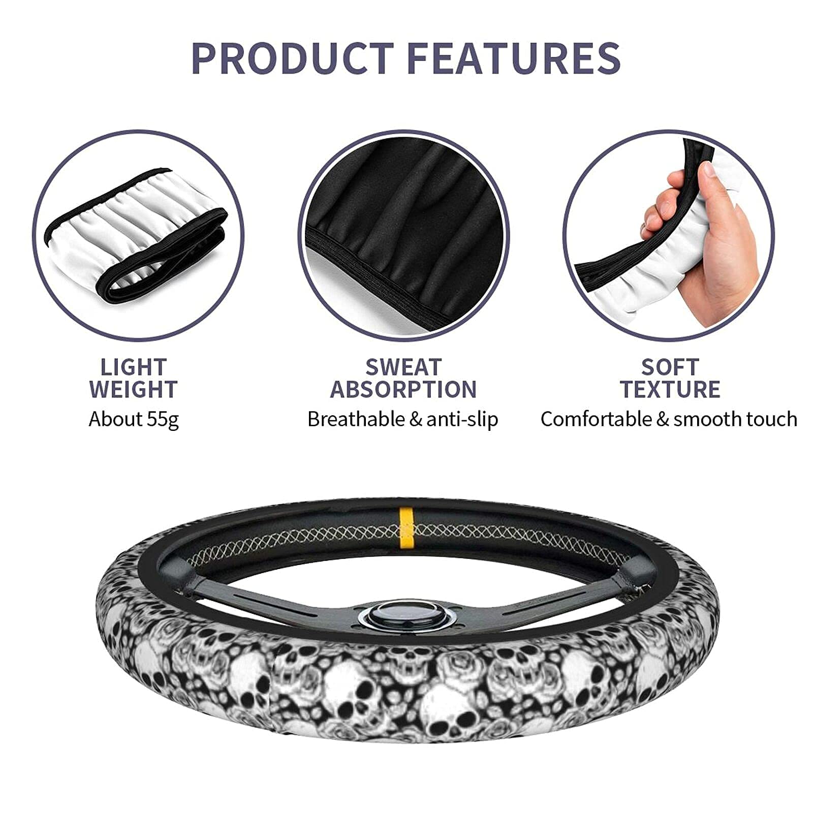 Skull Steering Wheel Cover Non Slip Black And White Neoprene Steering Wheel Protector Covers Universal 15 Inch For Women Men Car