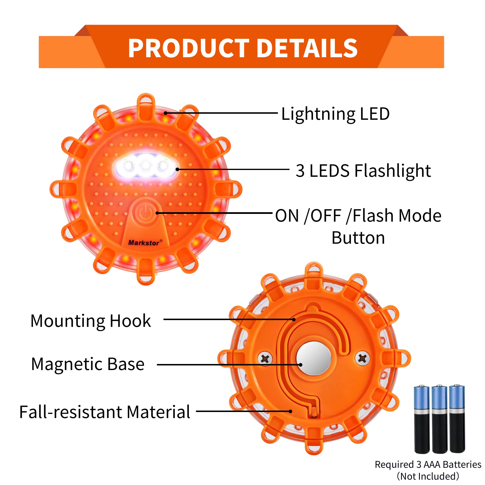 Markstor 4 Pack Led Road Flares Emergency Car Kit 9 Flash Amber Roadside Emergency Flares Beacon For Vehicle 4 Beacons Disc Pack With A Whistle,Glove,Hammer (No Battery)