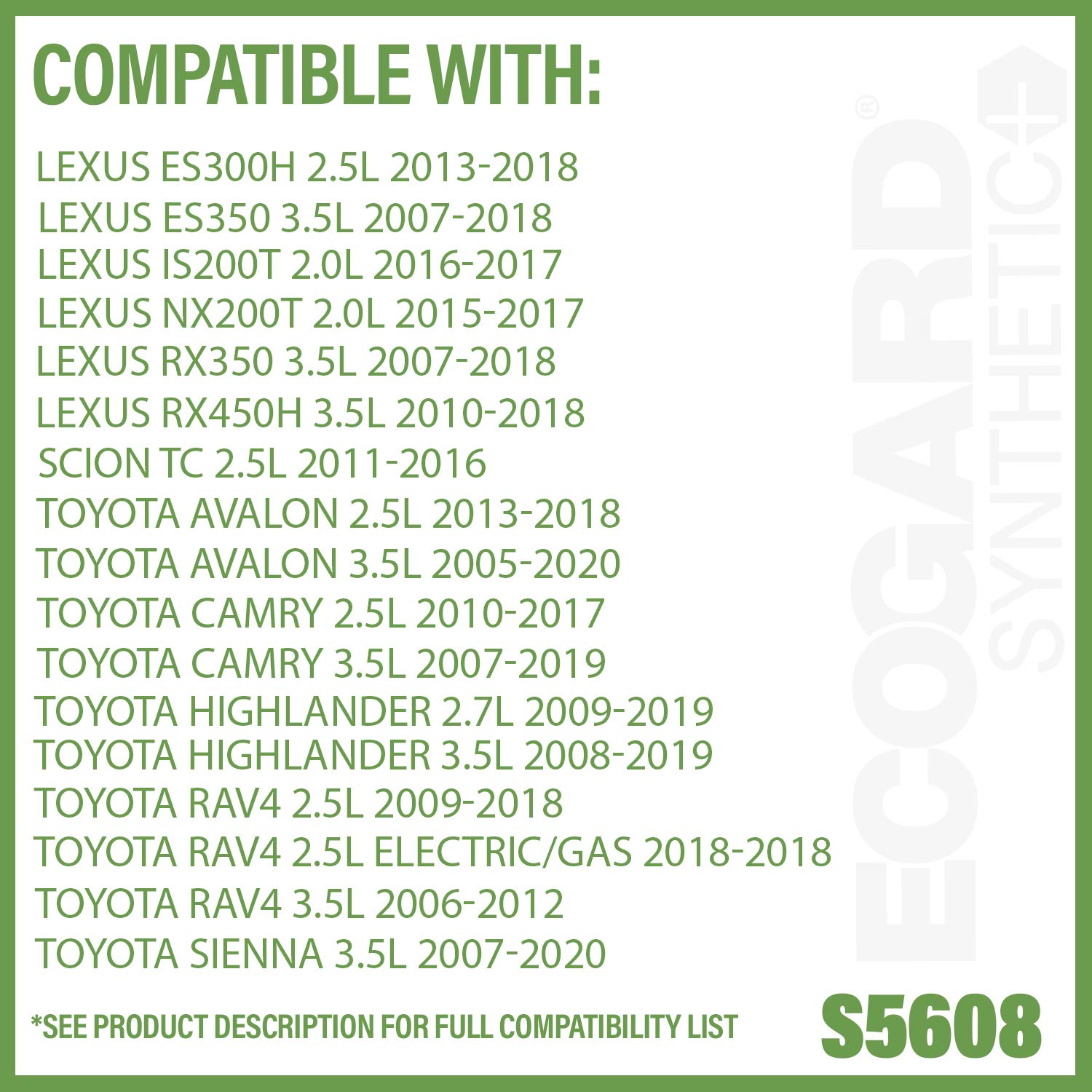 Ecogard S5608 Premium Cartridge Engine Oil Filter For Synthetic Oil Fits Toyota Camry 2.5L 2010-2017, Rav4 2.5L 2009-2018, Highl