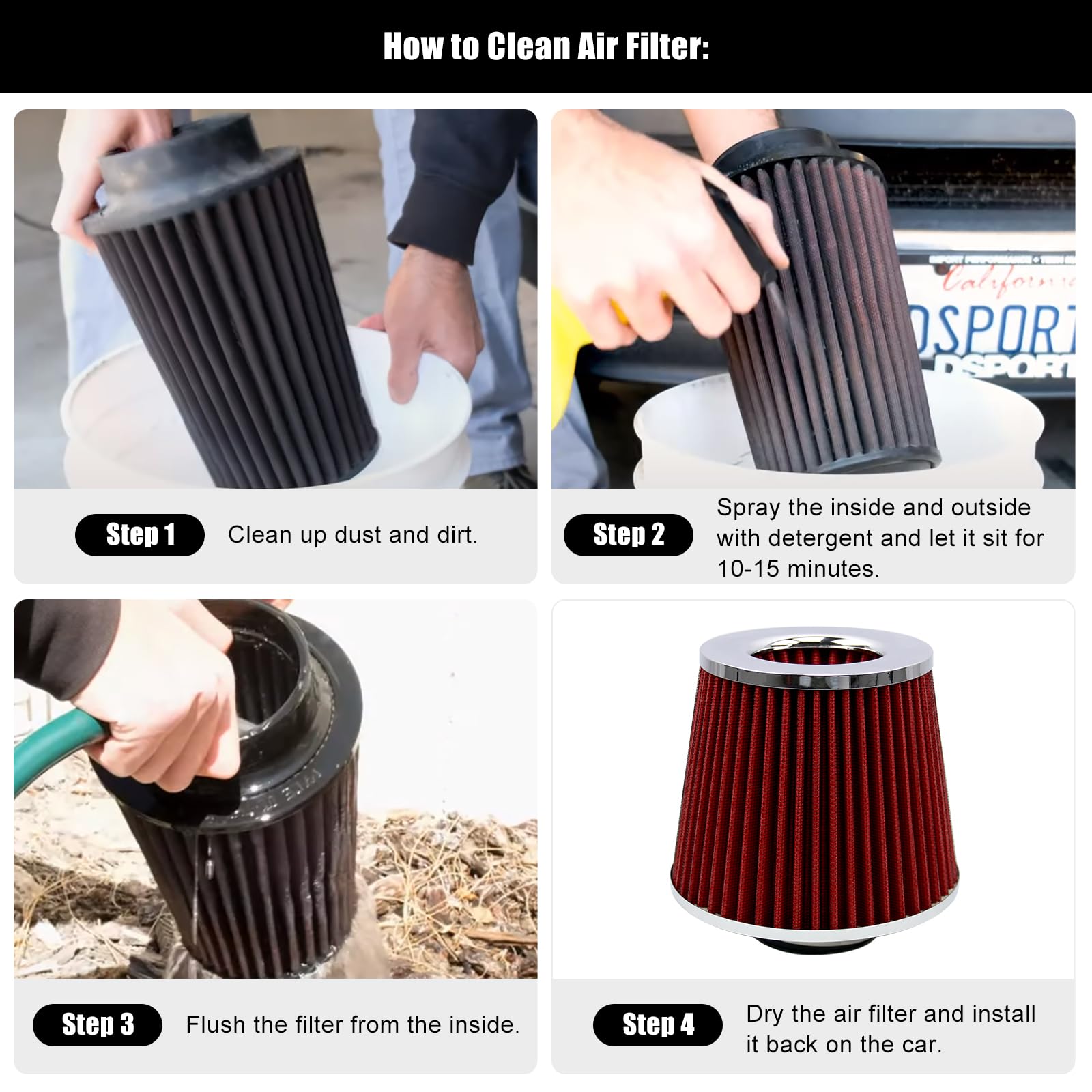 RYANSTAR RACING 63mm 2.5'' High Flow Round Tapered Cone Cool Air Filter Cleaner with Top Filter Design Short 153mm Tall
