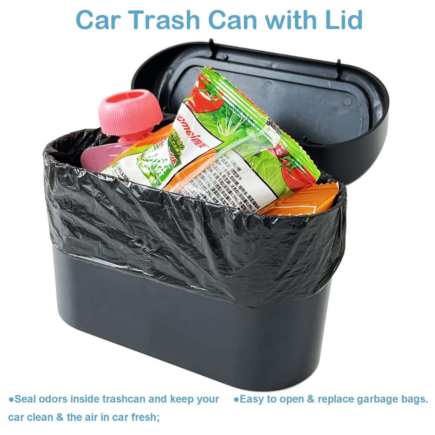 Kitbest (2 Pack Car Trash Can Bin With Lid, 120 Pcs Trash Bags And 4 Pcs Car Hooks. Mini Car Garbage Can, Dustbin Can Organizer