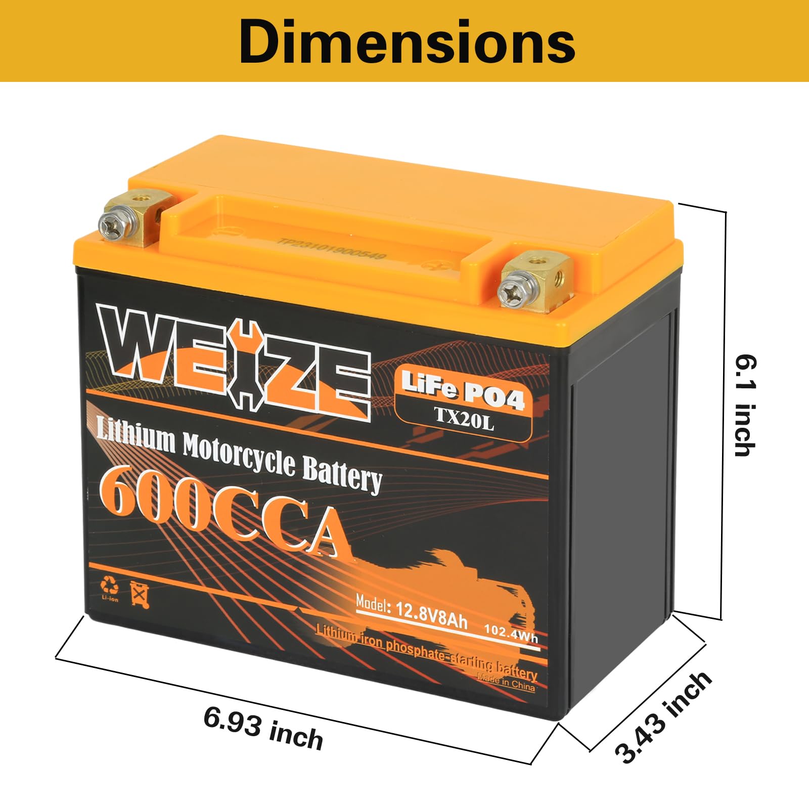 WEIZE Lithium YTX20L-BS Motorcycle Battery, 12V 8AH, 600A for ATV, UTV, Jet Ski, Snowmobile, Lawn Mower - Model BAC-