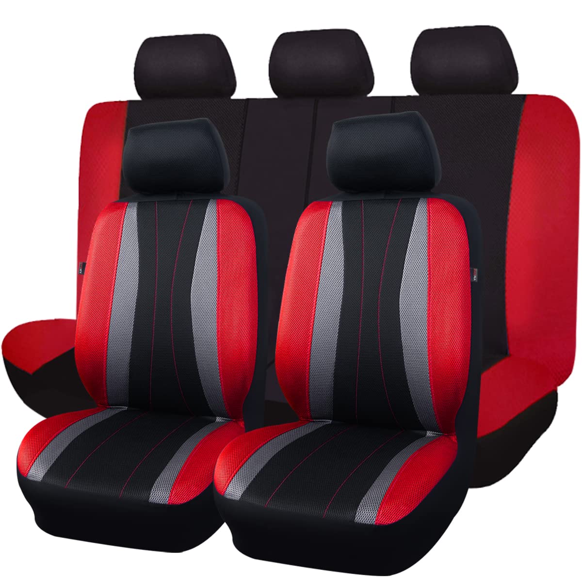 Flying Banner Car Seat Covers Full Set All Air Mesh Breathable Man Lady Airbag Compatible Rear Bench Split 40/60 50/50 60/40 Truck Pick Up (Full Set - Low Back, Black Gray Red)