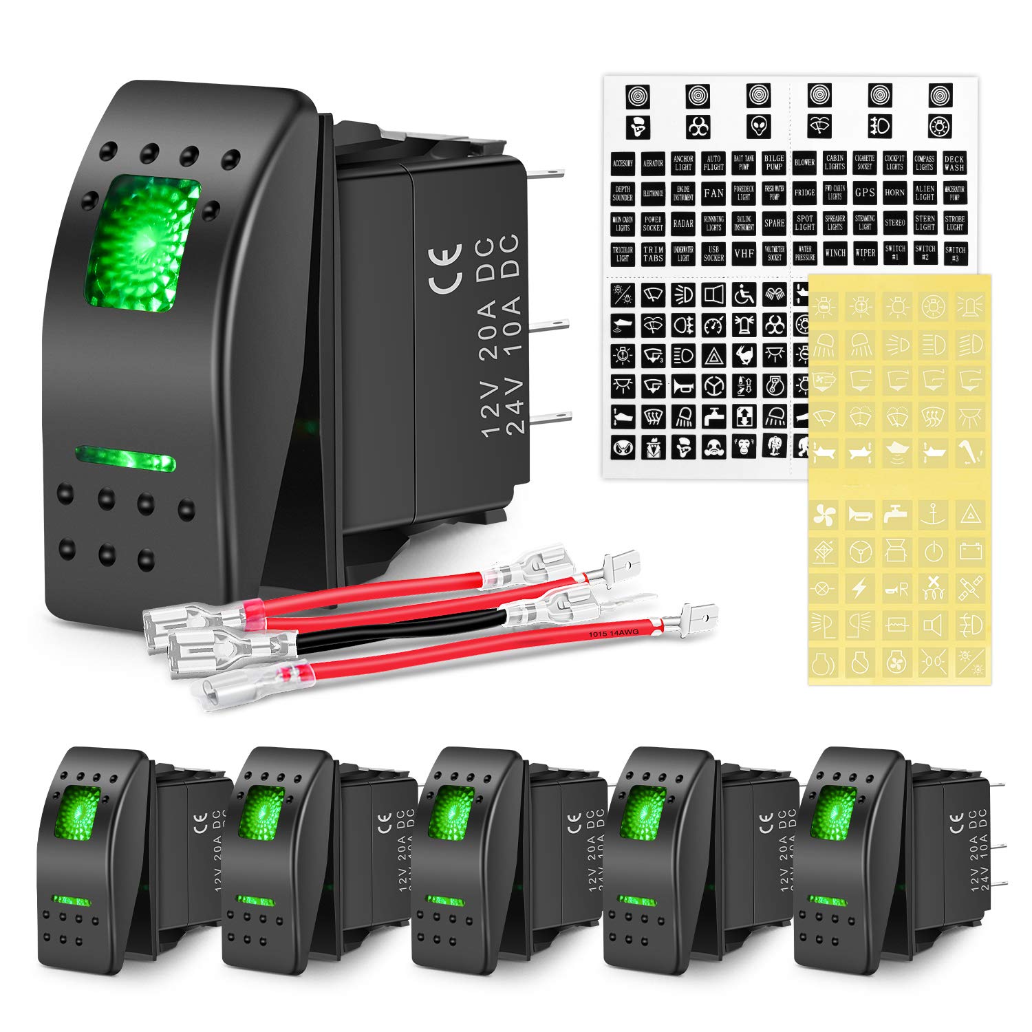 Nilight 6 Pack Rocker Switches With Night Glow Stickers 5 Pin Spst Rocker Switches With Green Backlit 12V/24V Toggle Switches Fo