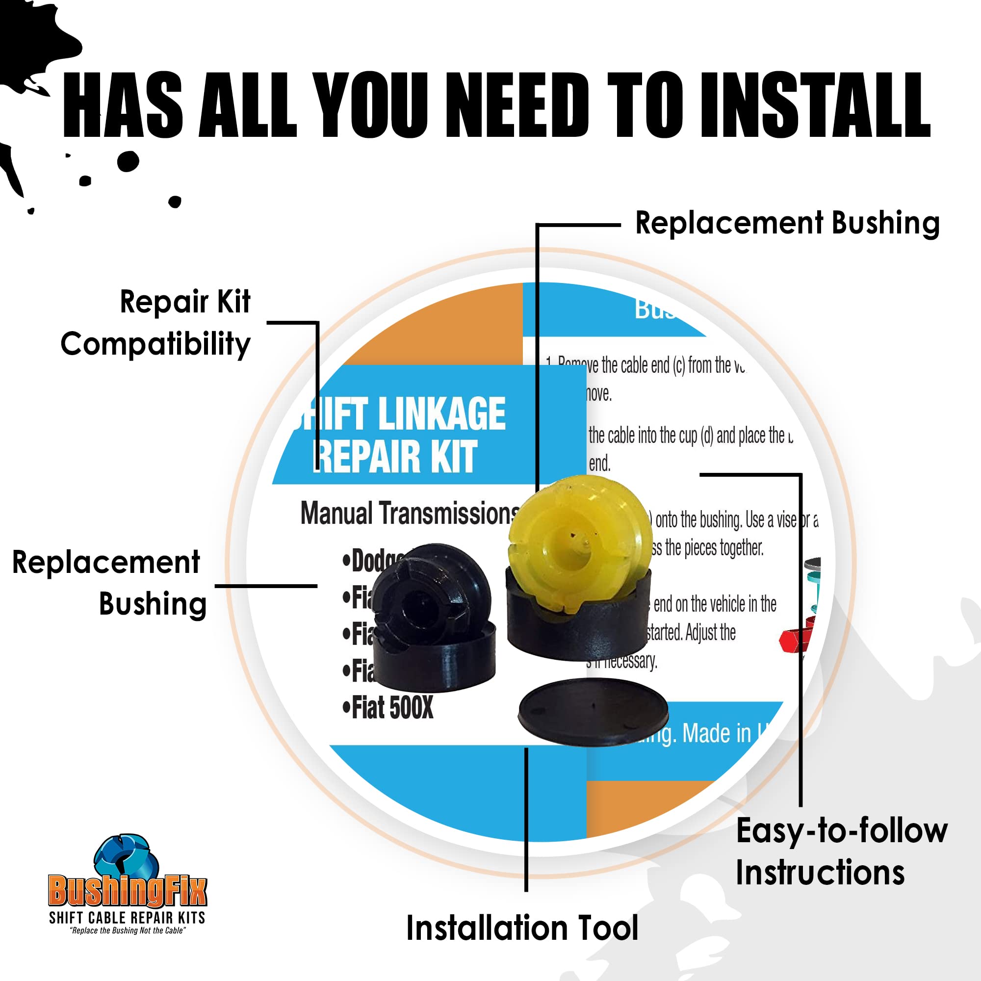 BushingFix FM1KIT Transmission Shift Cable Bushing Repair Kit for Fiat, Jeep, Mini - Easy Manual Transmission Replacement