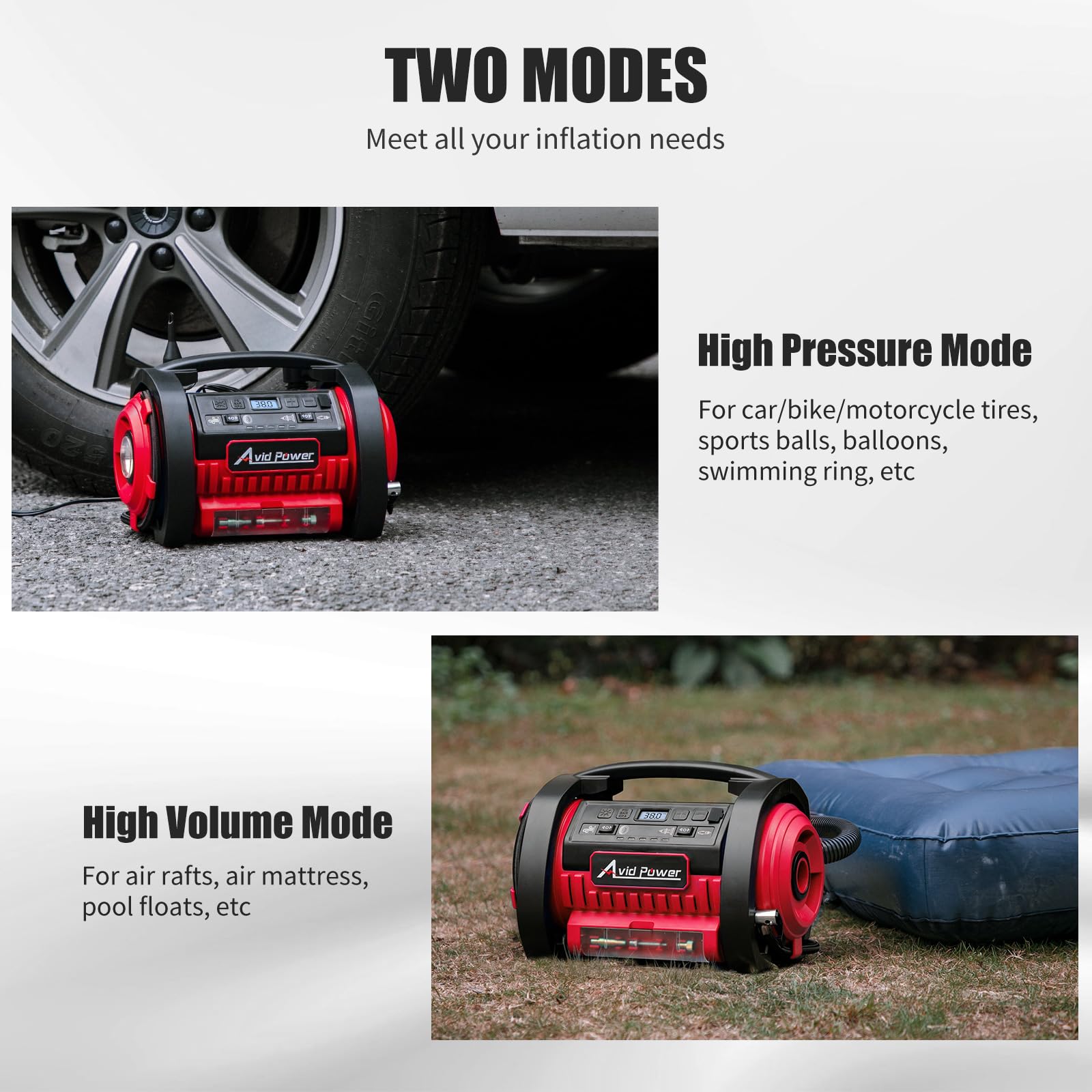 AVID POWER Portable Tire Inflator, 12V DC / 120V AC, Dual Motors, Digital Gauge, Model ACAP322, Red