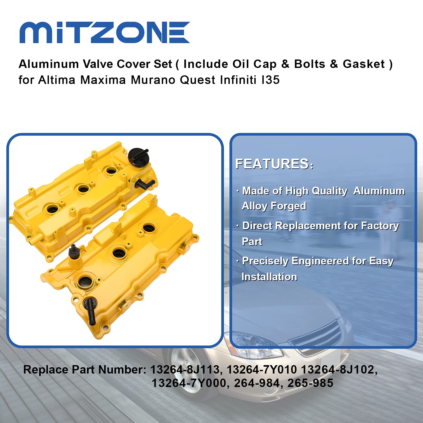 MITZONE Aluminum Valve Covers for 2002-2009 Nissan Altima, Maxima, Murano, Quest, Infiniti i35 – Yellow Front & Rear Set