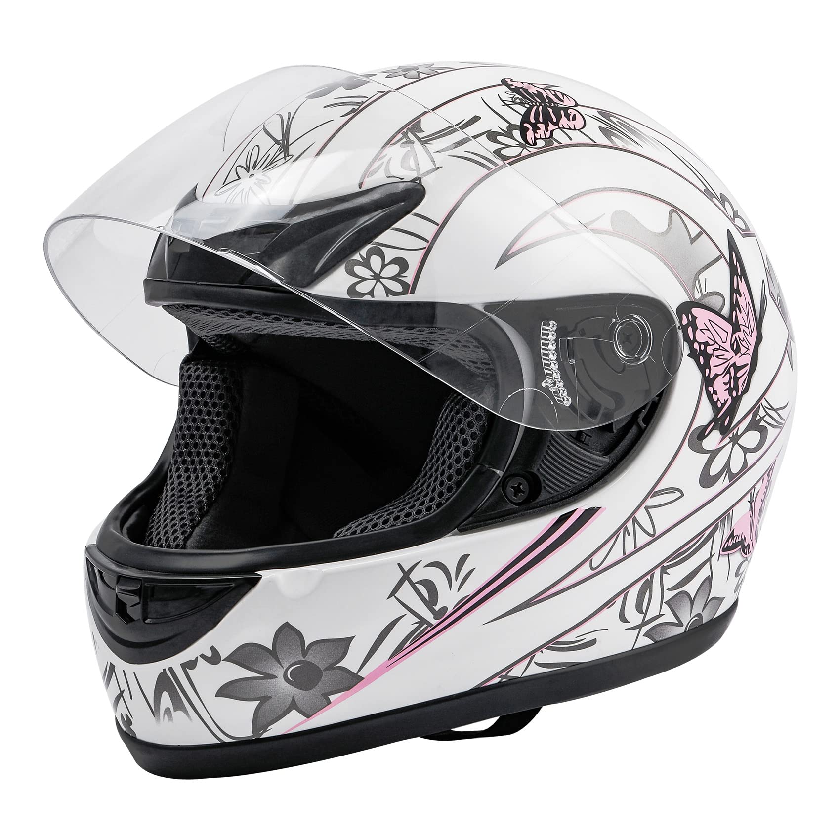 TCMT Full Face ATV Helmet - Medium, White Butterfly, ABS Material, Open Face Sun Shield, Pink White Butterfly Model