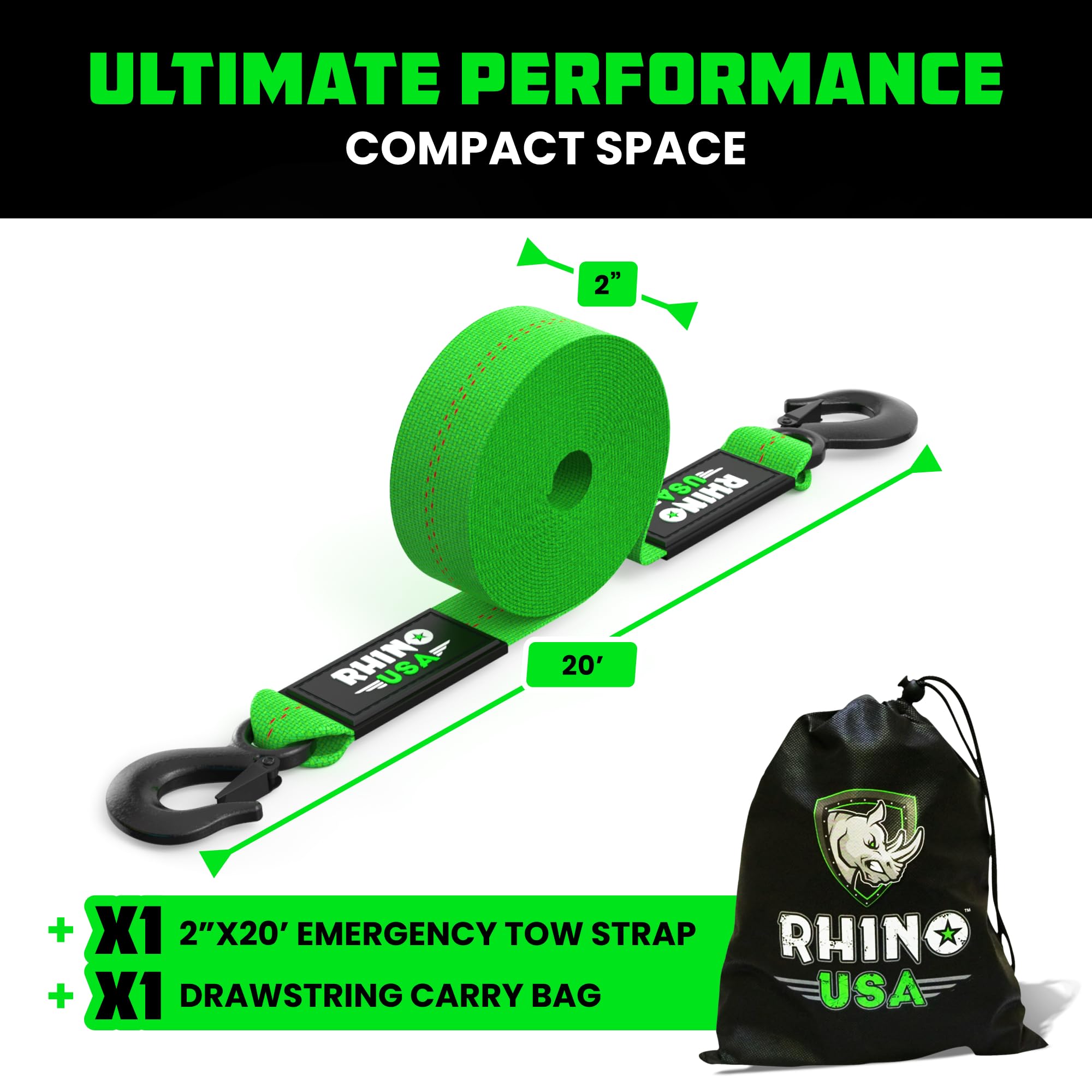 Rhino Usa Tow Strap With Hooks (2 Inch X 20 Foot) Lab Tested 10,321Lbs Break Strength - Heavy Duty Emergency Towing Straps With Forged Steel Hooks For Roadside Recovery - Not For Off-Road Recoveries