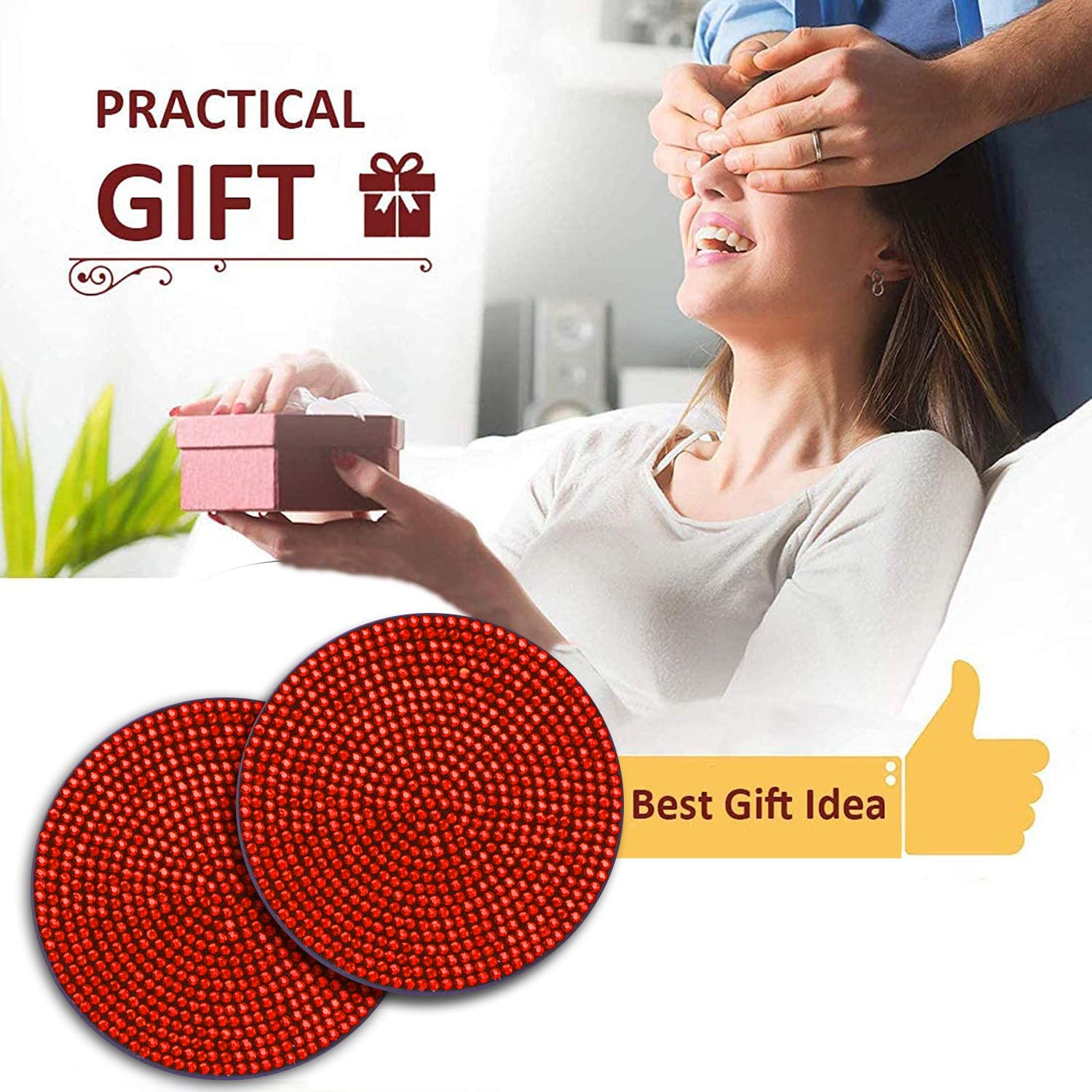 2Pcs Bling Cup Holder Insert Coaster- 2.75 Inch Silicone Anti-Slip Shockproof, Universal Fashion Car Interior Accessories For Women (Red)