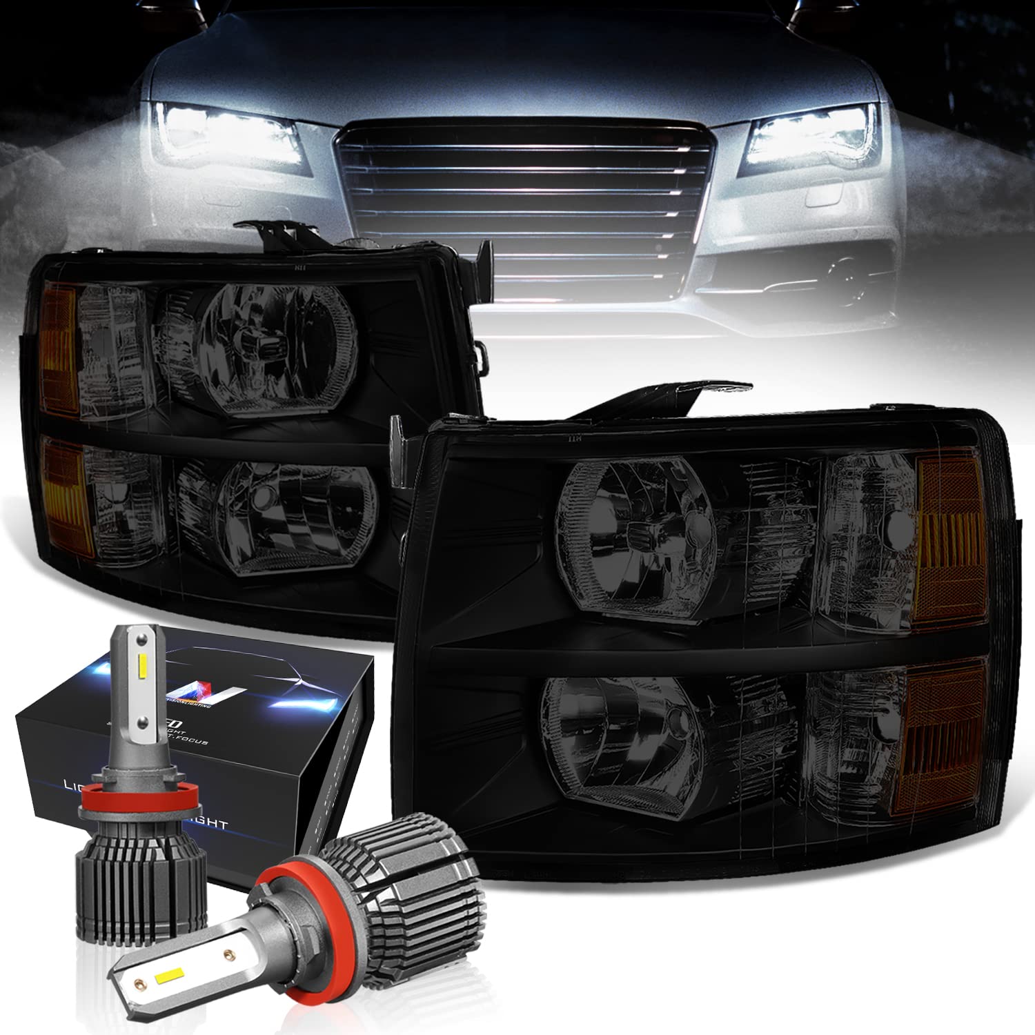 Dna Motoring Hl-Oh-Csil07-Bk-Sm-Am-Cfs-H8 Black Housing Smoked Lens Amber Reflactor Headlights Compatible With 07-13 Chevy Silve