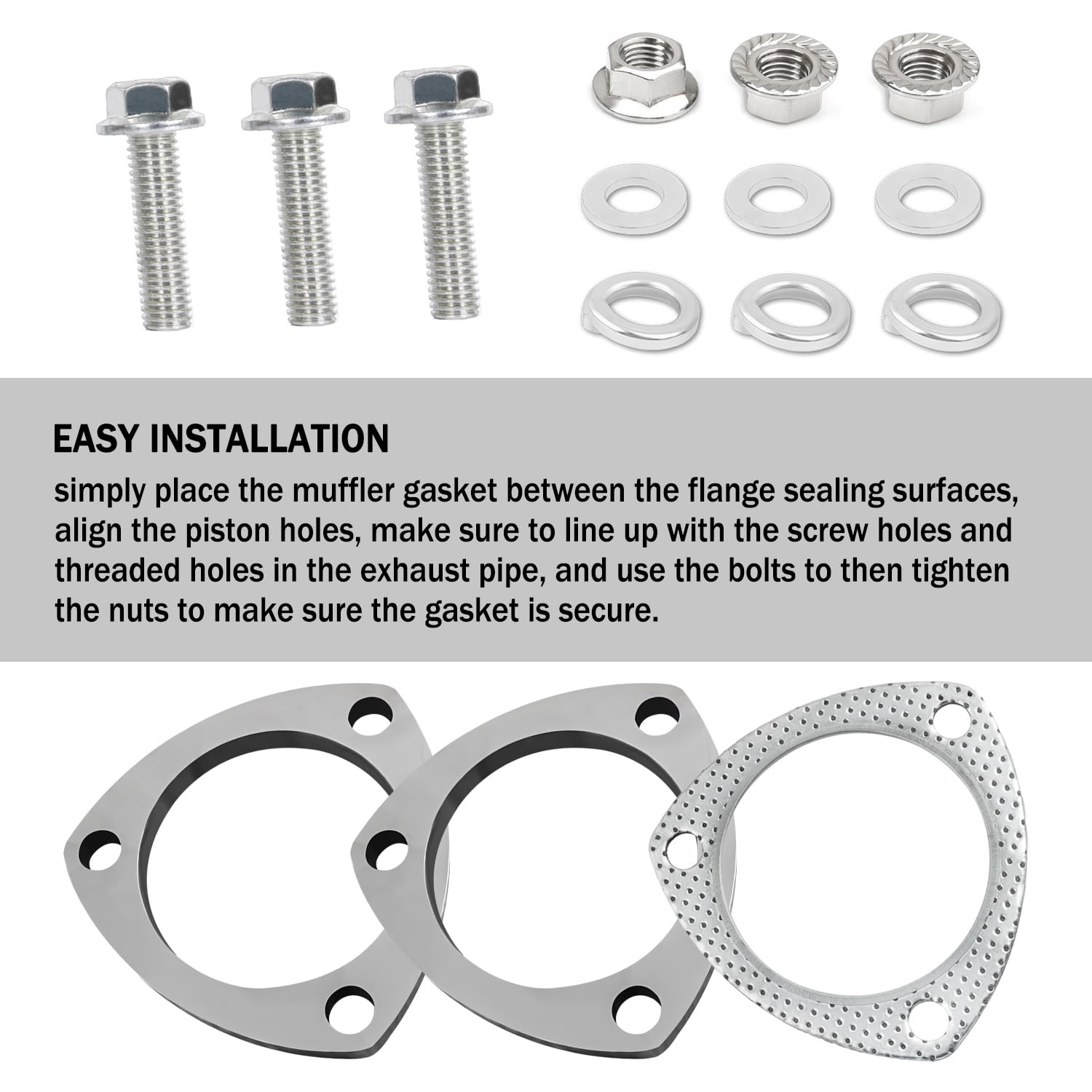 3'' Exhaust Flange Gasket with 3 Exhaust Bolts Tool Set,Stainless Steel Exhaust Flange Repair Kit for Securing Exhaust System Co