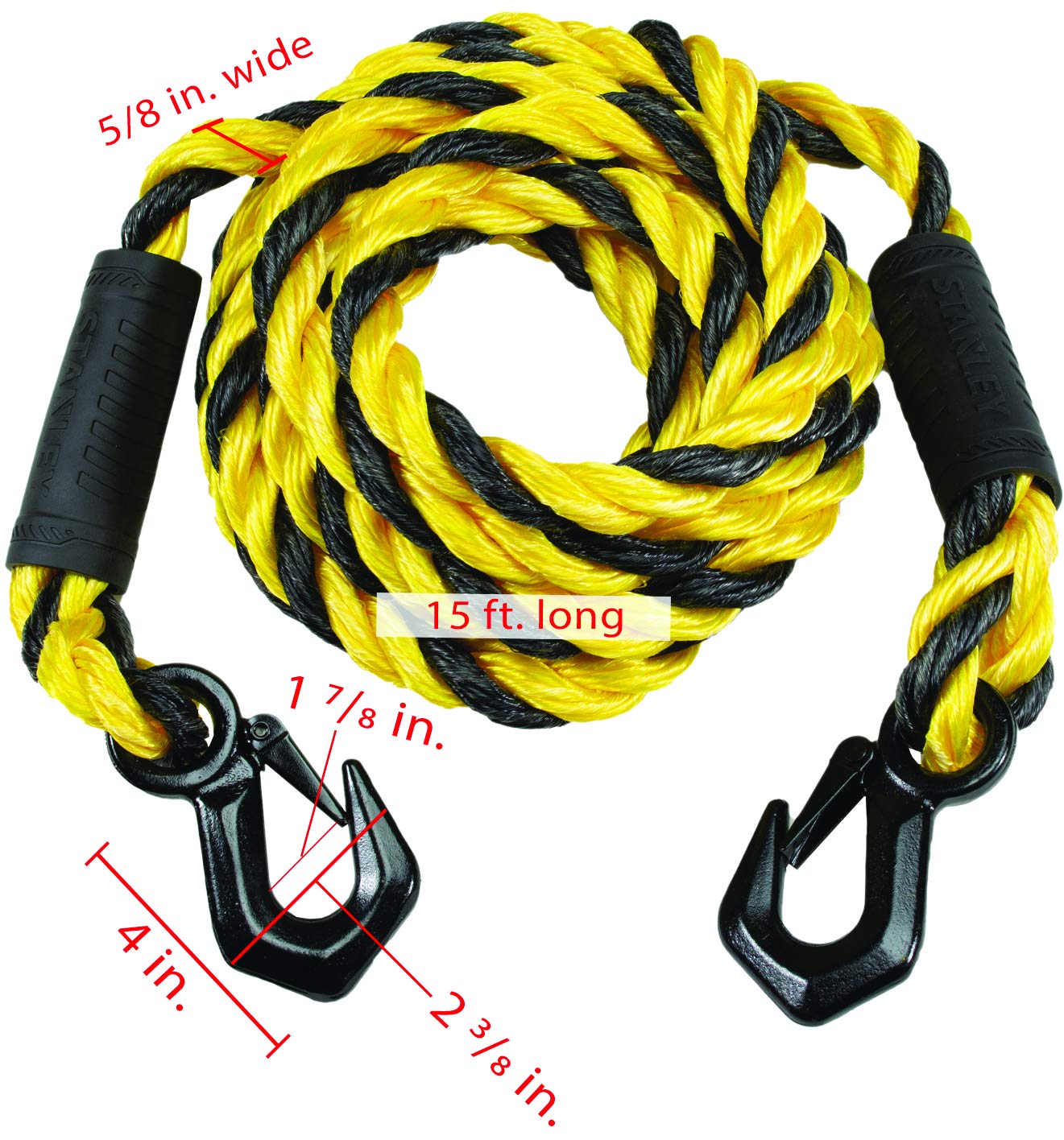 Stanley S1052 Black/Yellow 5/8'' X 15' Poly-Blend Braided Tow Rope With Heavy Duty Black Tri-Hooks - 2,400 Lb Safe Working Load