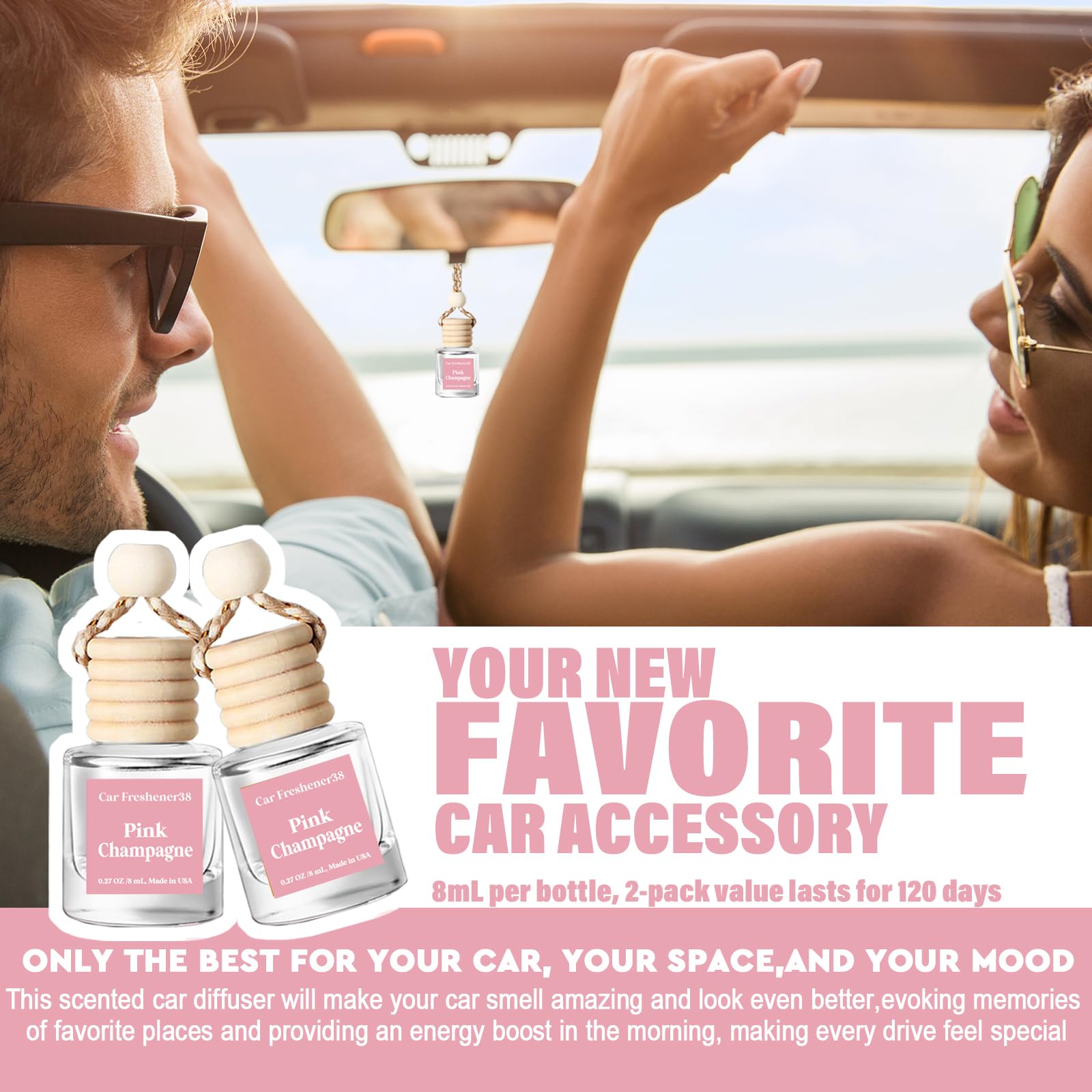 Car Air Freshener Hanging, Essential Oil Diffuser For Car, Pink Champagne Fragrance Oil Air Diffuser, Long Lasting Air Freshener