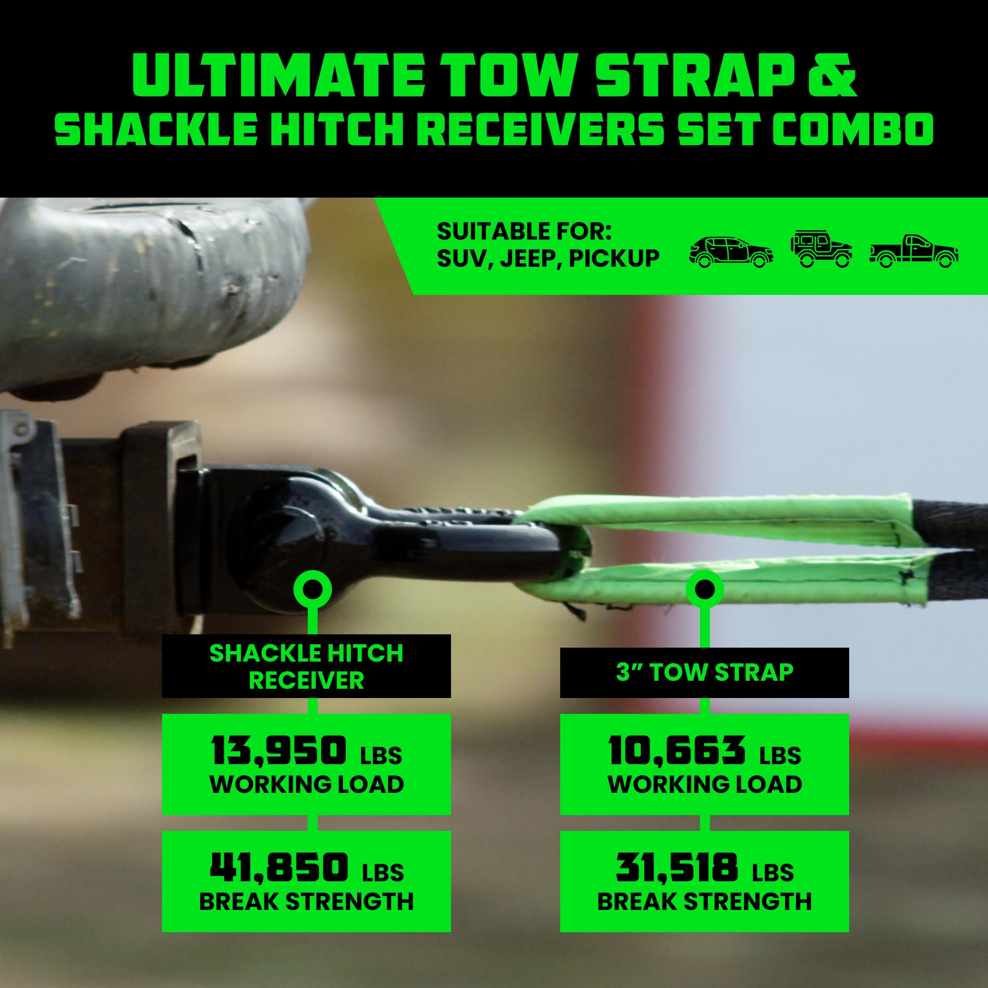 Rhino USA Heavy-Duty Recovery Gear Combo - 30' Strap & Shackle Hitch for Off-Road Truck Vehicle Towing Accessories
