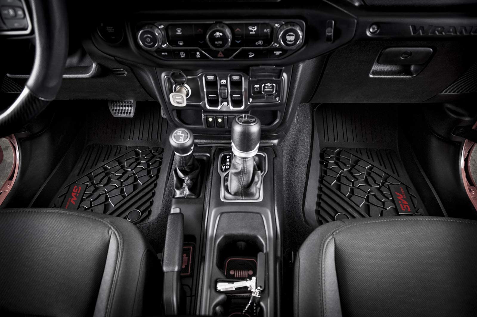 3W All-Weather TPE Floor Mats for Jeep Wrangler 4XE 2021-2026, Black, 1st & 2nd Row, Full Set, Red Logo, Model