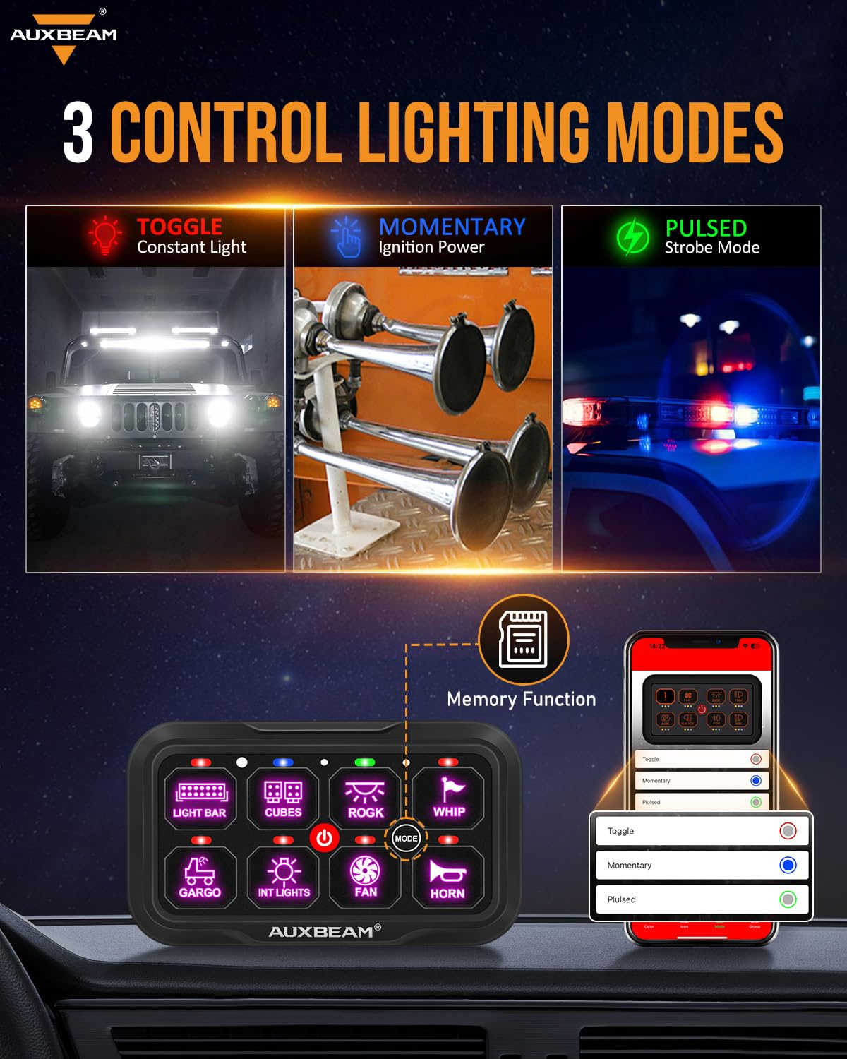 Auxbeam 8 Gang Switch Panel Bluetooth Ar-800 Rgb Switch Pod With Backlit Off Toggle Momentary Pulsed Auxiliary Switch Panel For